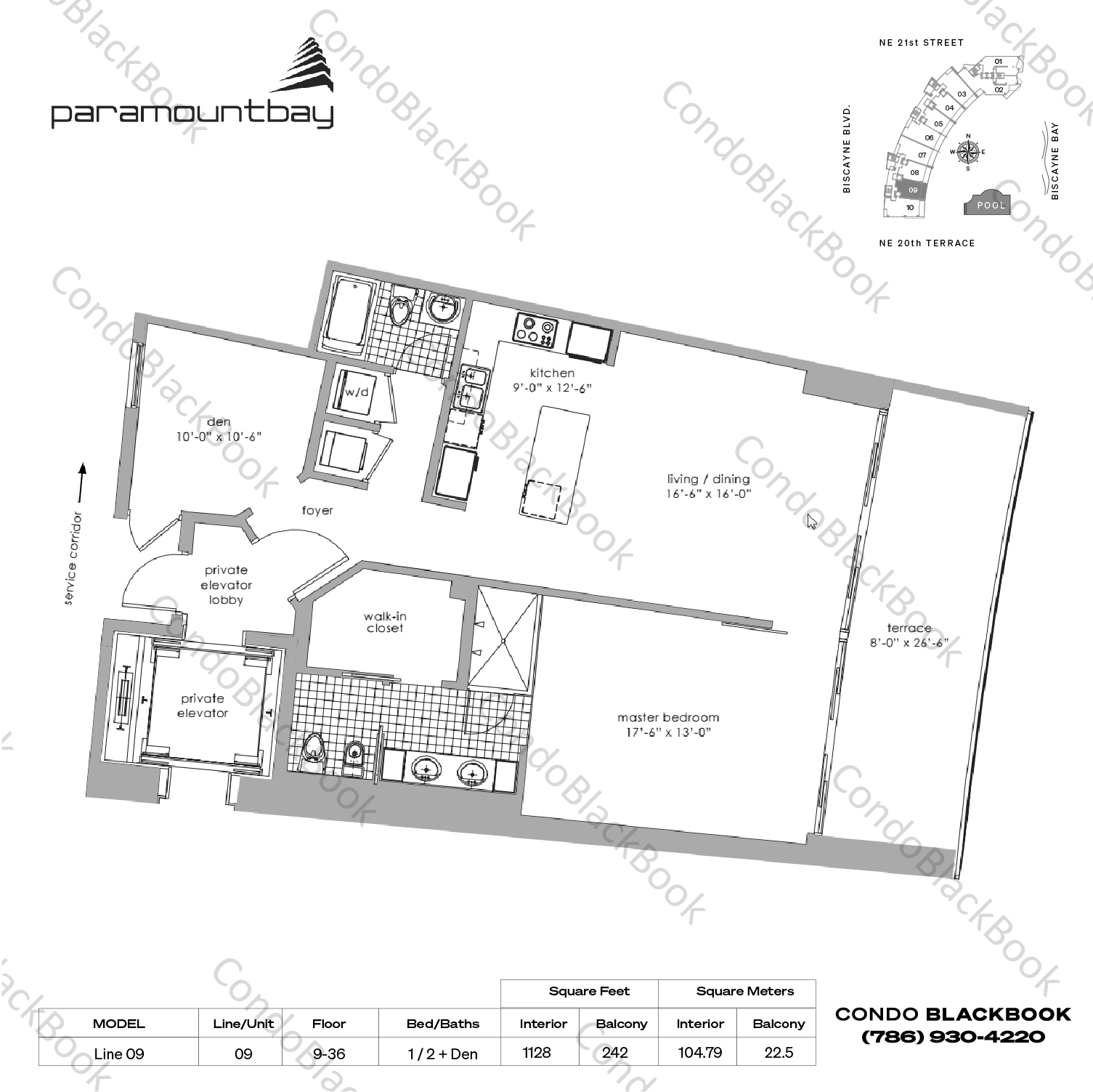 Floor plan for Paramount Bay Edgewater Miami, model Line 09, line 09, 1 / 2 + Den bedrooms, 1128 sq ft