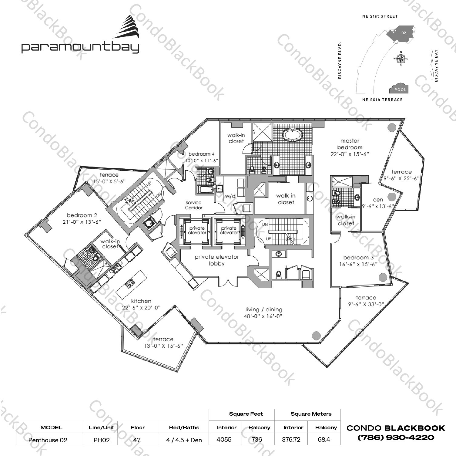 Floor plan for Paramount Bay Edgewater Miami, model Penthouse 02, line PH02,02, 4 / 4.5 + Den bedrooms, 4055 sq ft