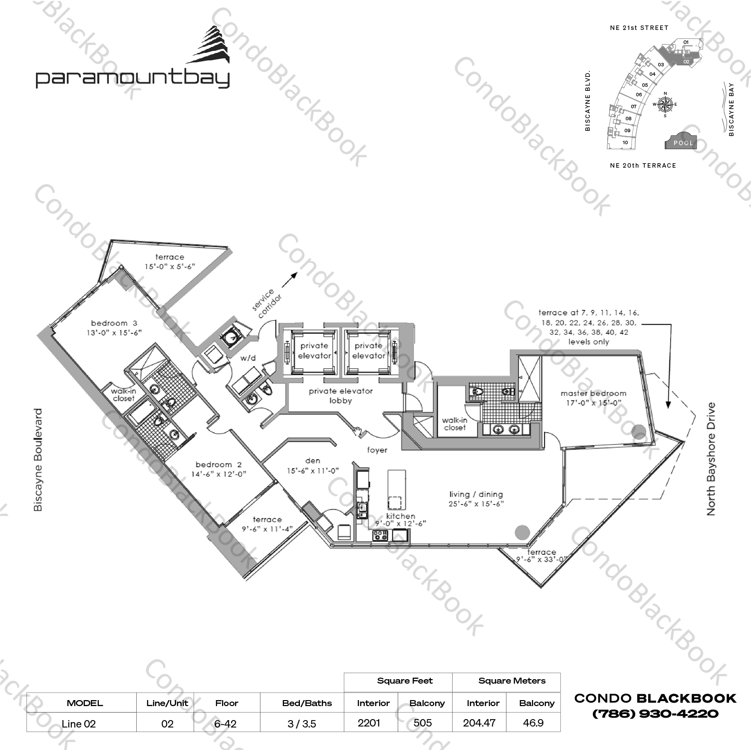 Floor plan for Paramount Bay Edgewater Miami, model Line 02, line 02, 3 / 3.5 bedrooms, 2201 sq ft