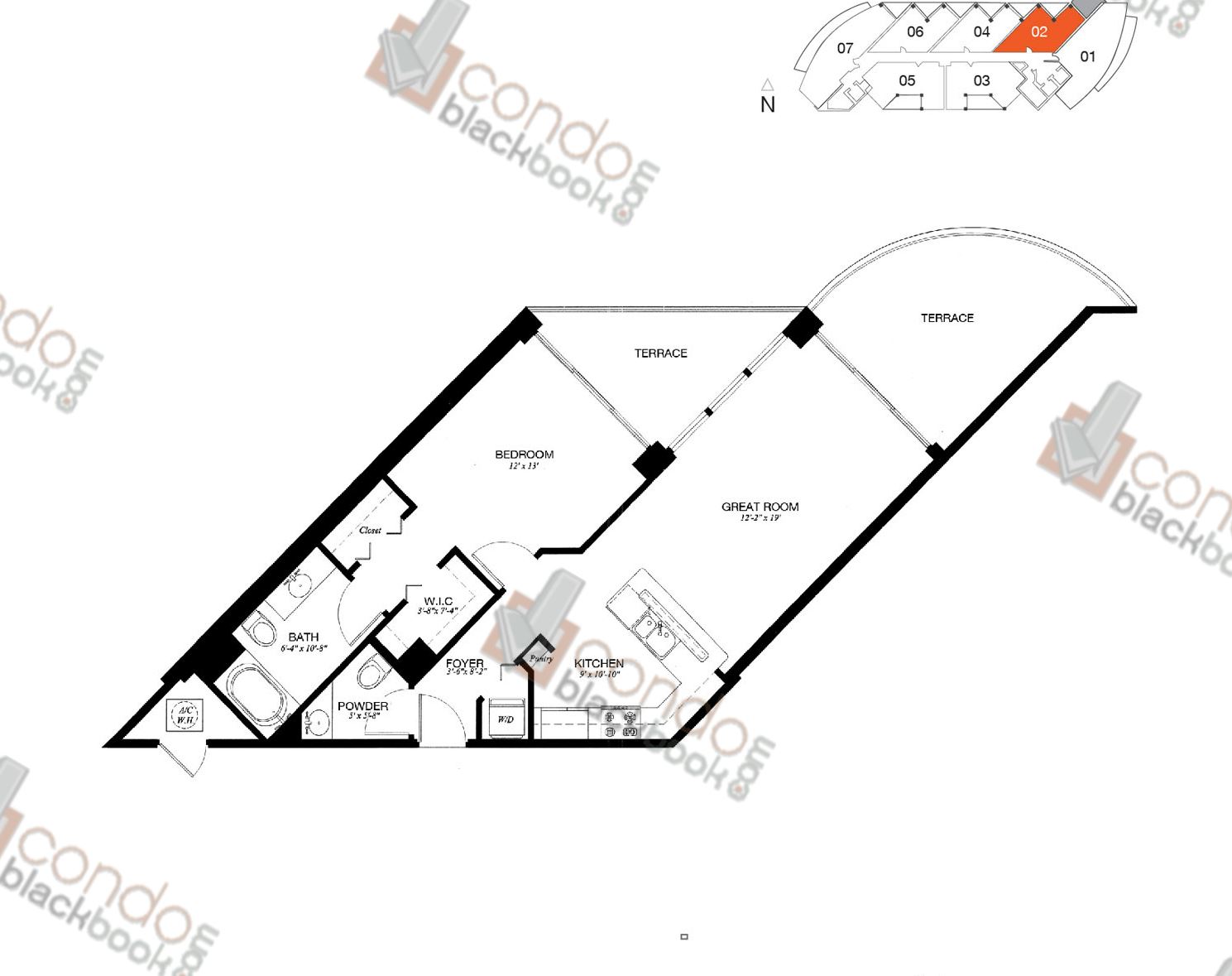 Floor plan for Platinum Edgewater Miami, model 02, line 02, 1/1.5 bedrooms, 828 sq ft