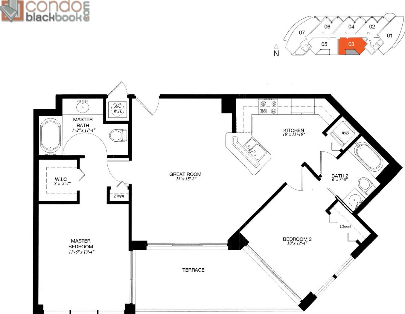 Floor plan for Platinum Edgewater Miami, model 03, line 03, 2/2 bedrooms, 1,007 sq ft
