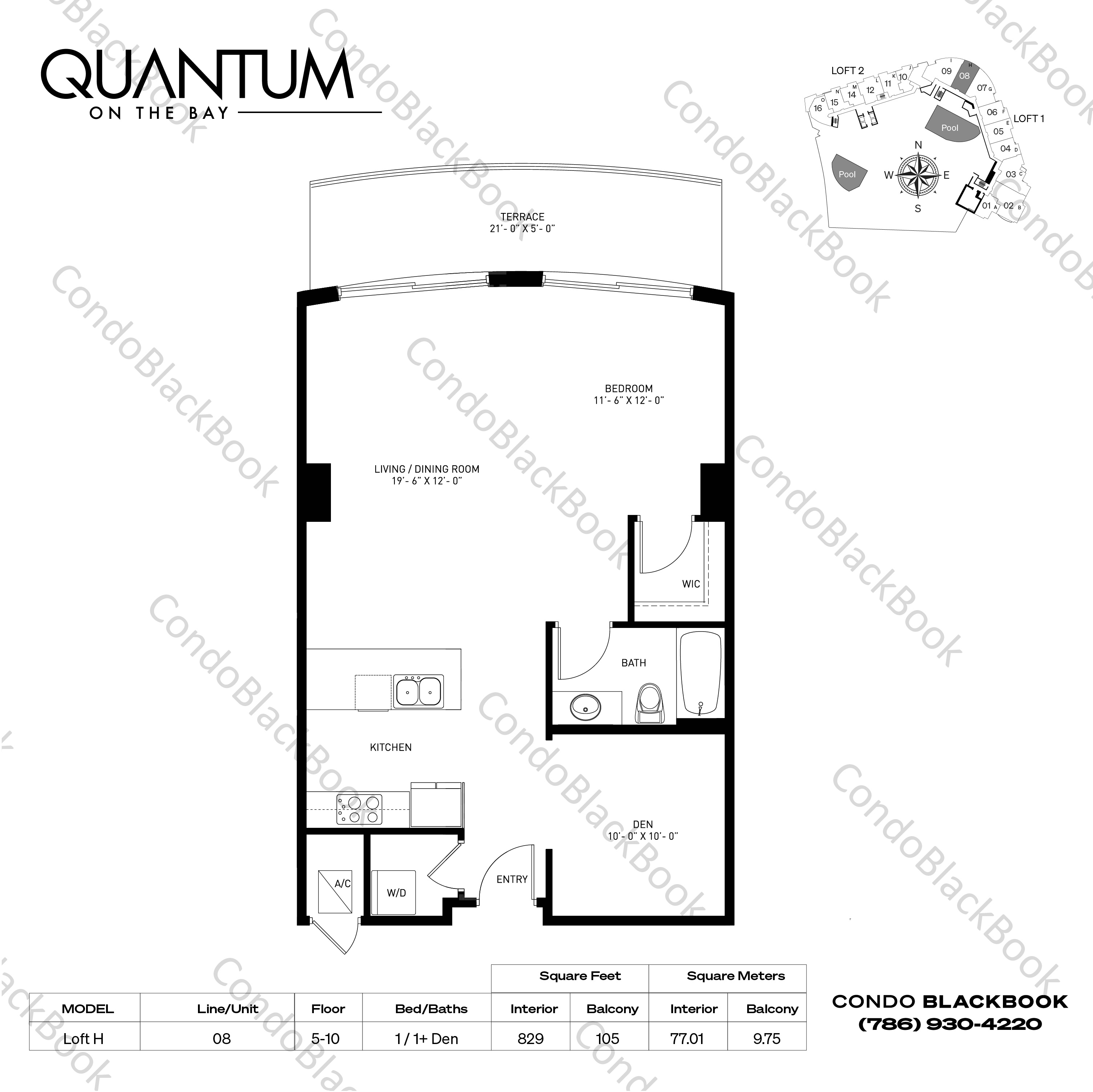 Floor plan for Quantum on the Bay Edgewater Miami, model Loft H, line 08, 1 / 1+ Den bedrooms, 829 sq ft