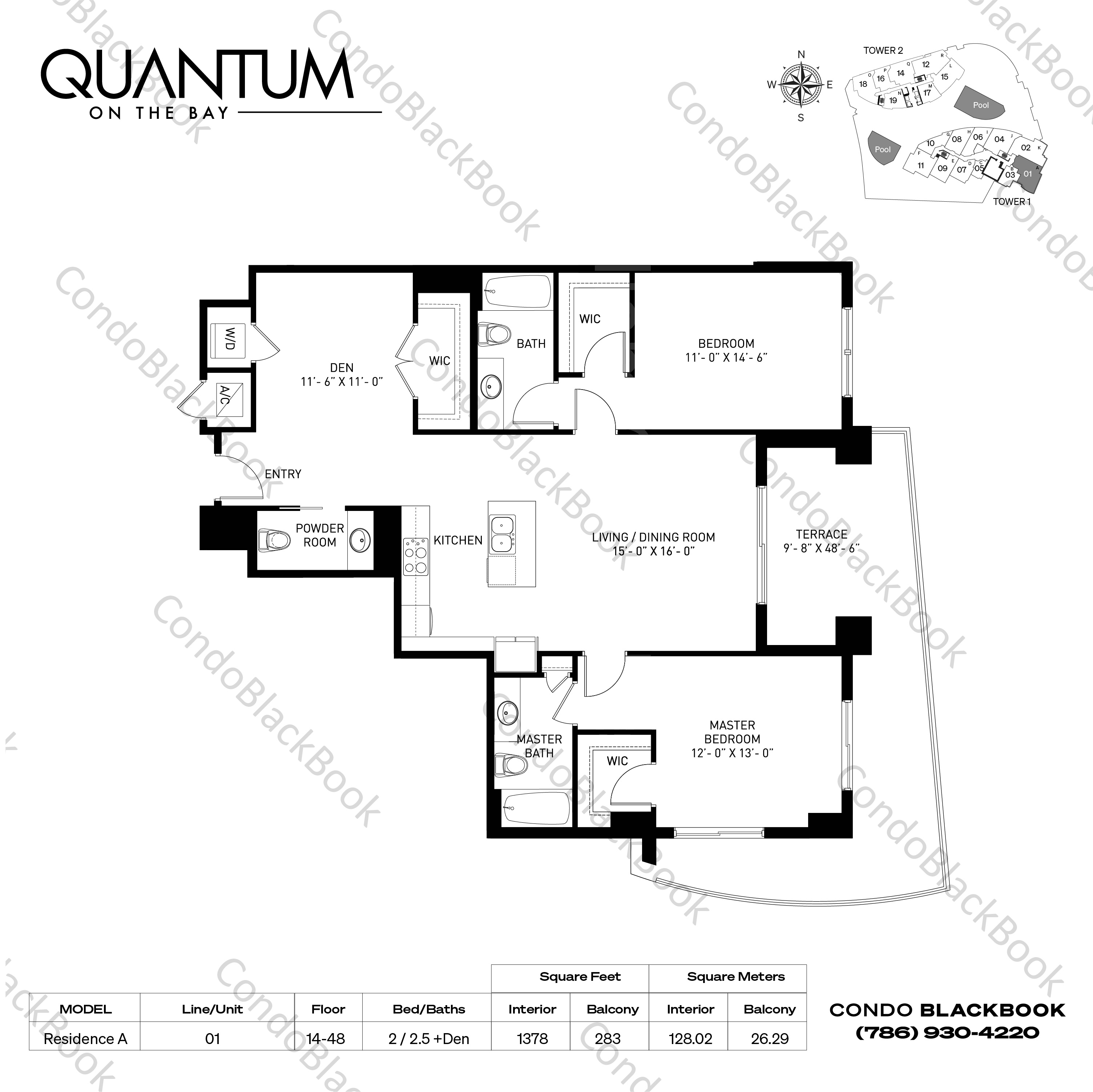 Floor plan for Quantum on the Bay Edgewater Miami, model Residence A, line 01, 2 / 2.5 +Den bedrooms, 1378 sq ft
