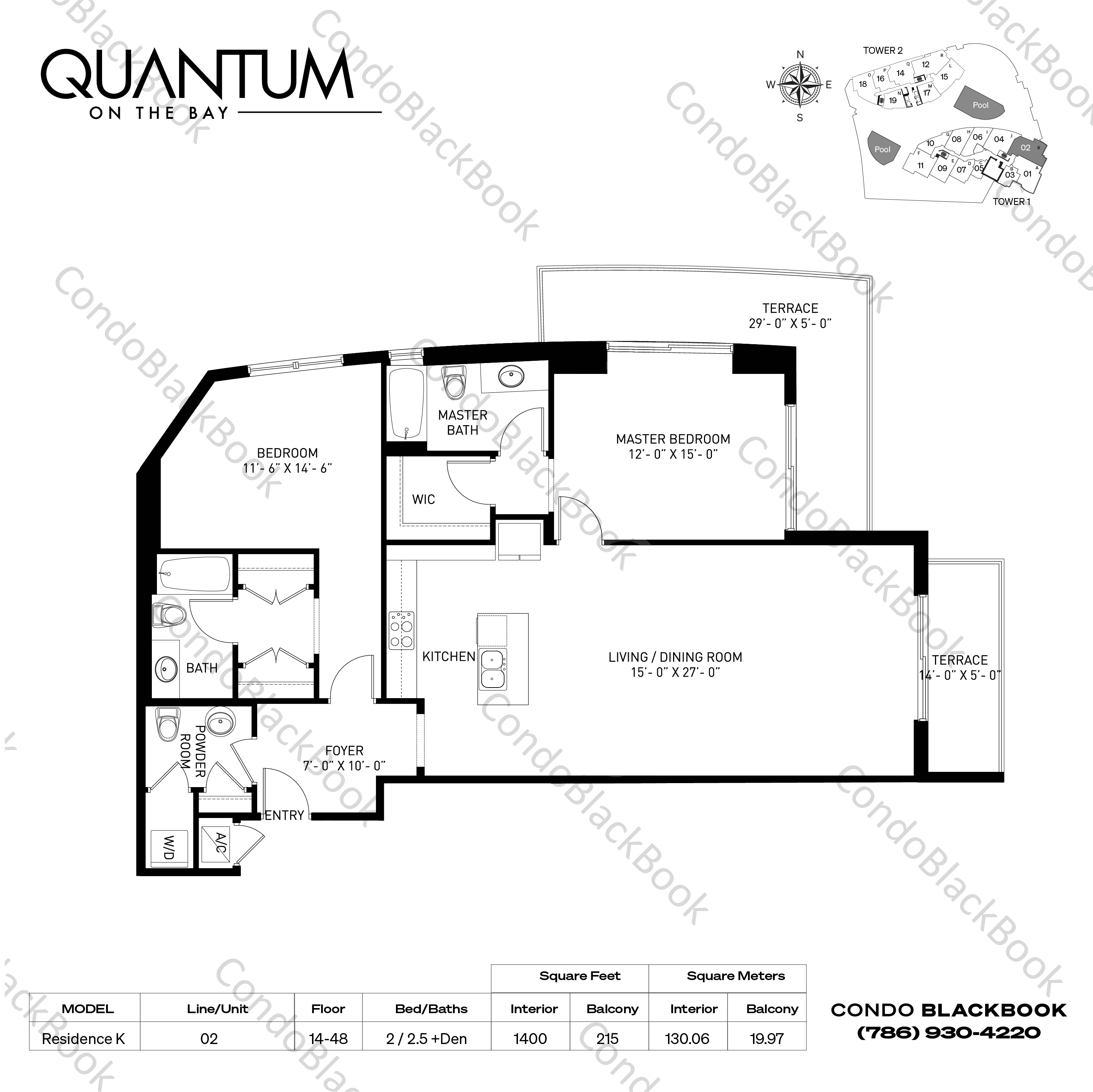 Floor plan for Quantum on the Bay Edgewater Miami, model Residence K, line 02, 2 / 2.5 +Den bedrooms, 1400 sq ft