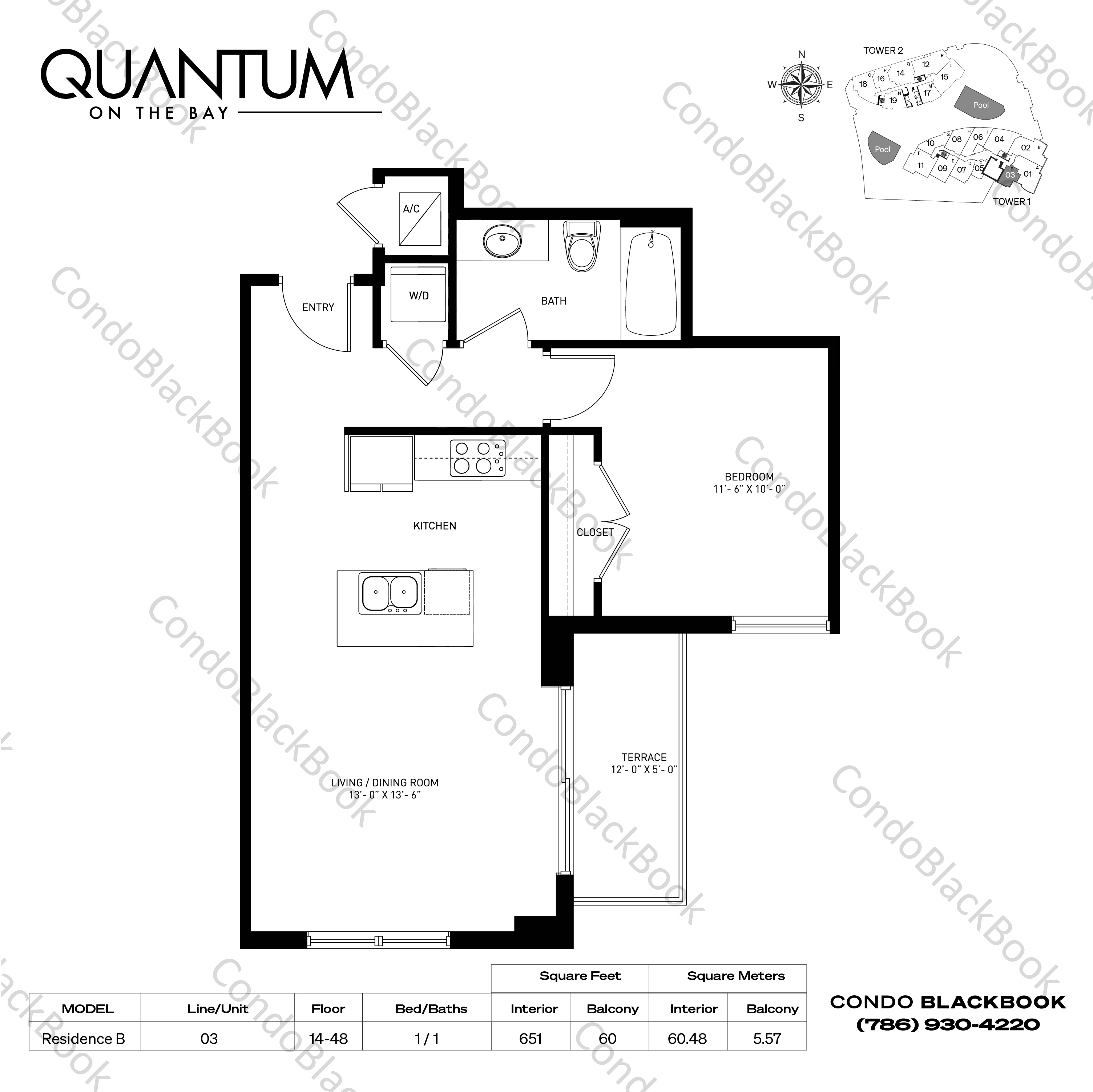 Floor plan for Quantum on the Bay Edgewater Miami, model Residence B, line 03, 1 / 1 bedrooms, 651 sq ft