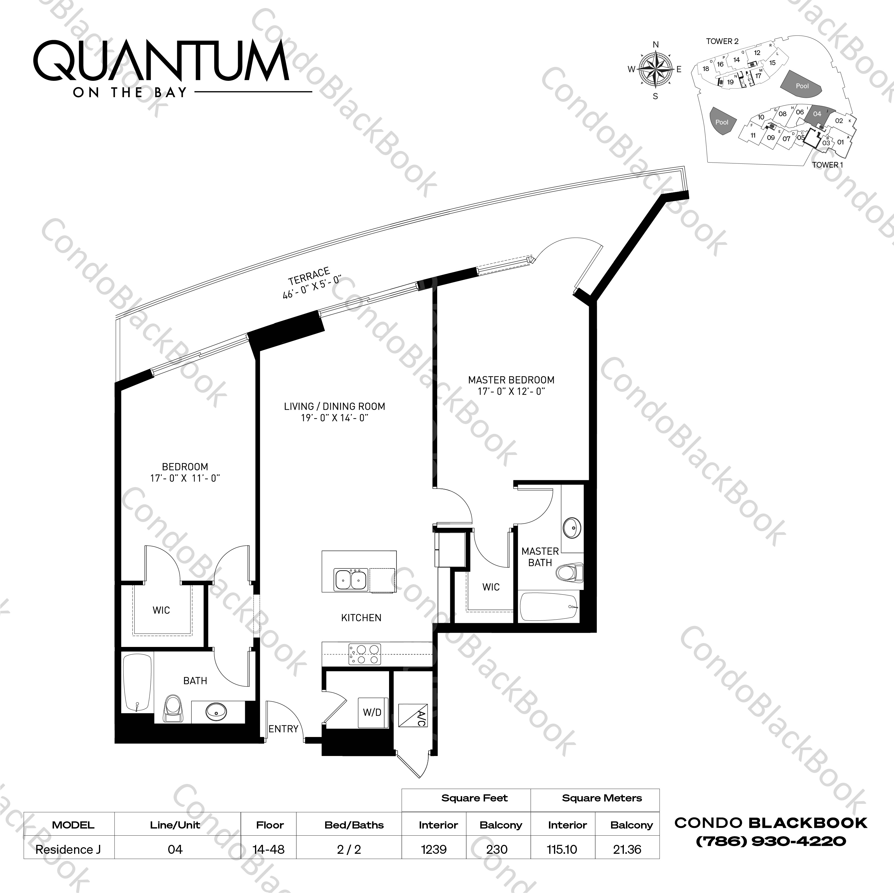 Floor plan for Quantum on the Bay Edgewater Miami, model Residence J, line 04, 2 / 2 bedrooms, 1239 sq ft