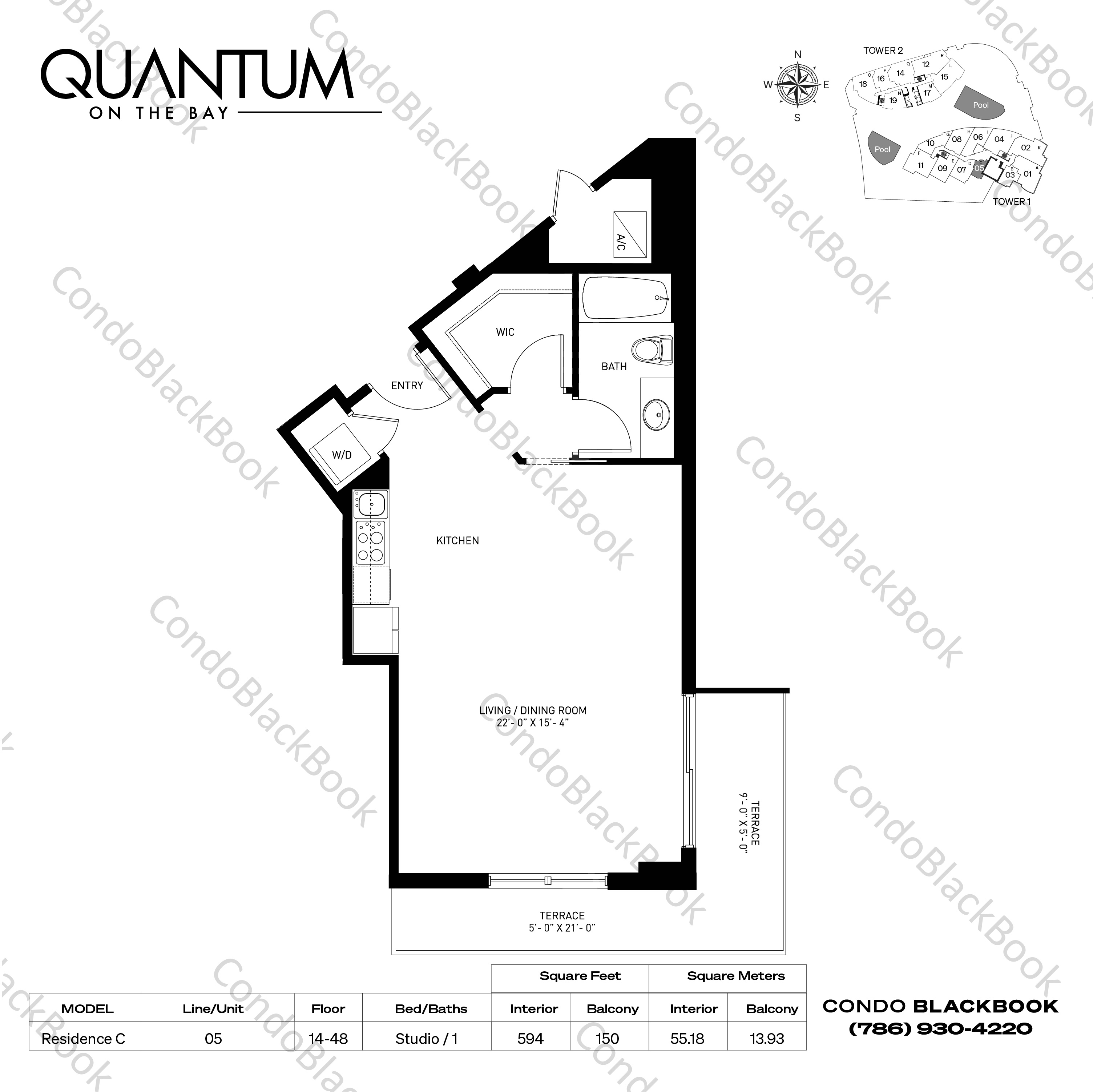 Floor plan for Quantum on the Bay Edgewater Miami, model Residence C, line 05, Studio / 1 bedrooms, 594 sq ft