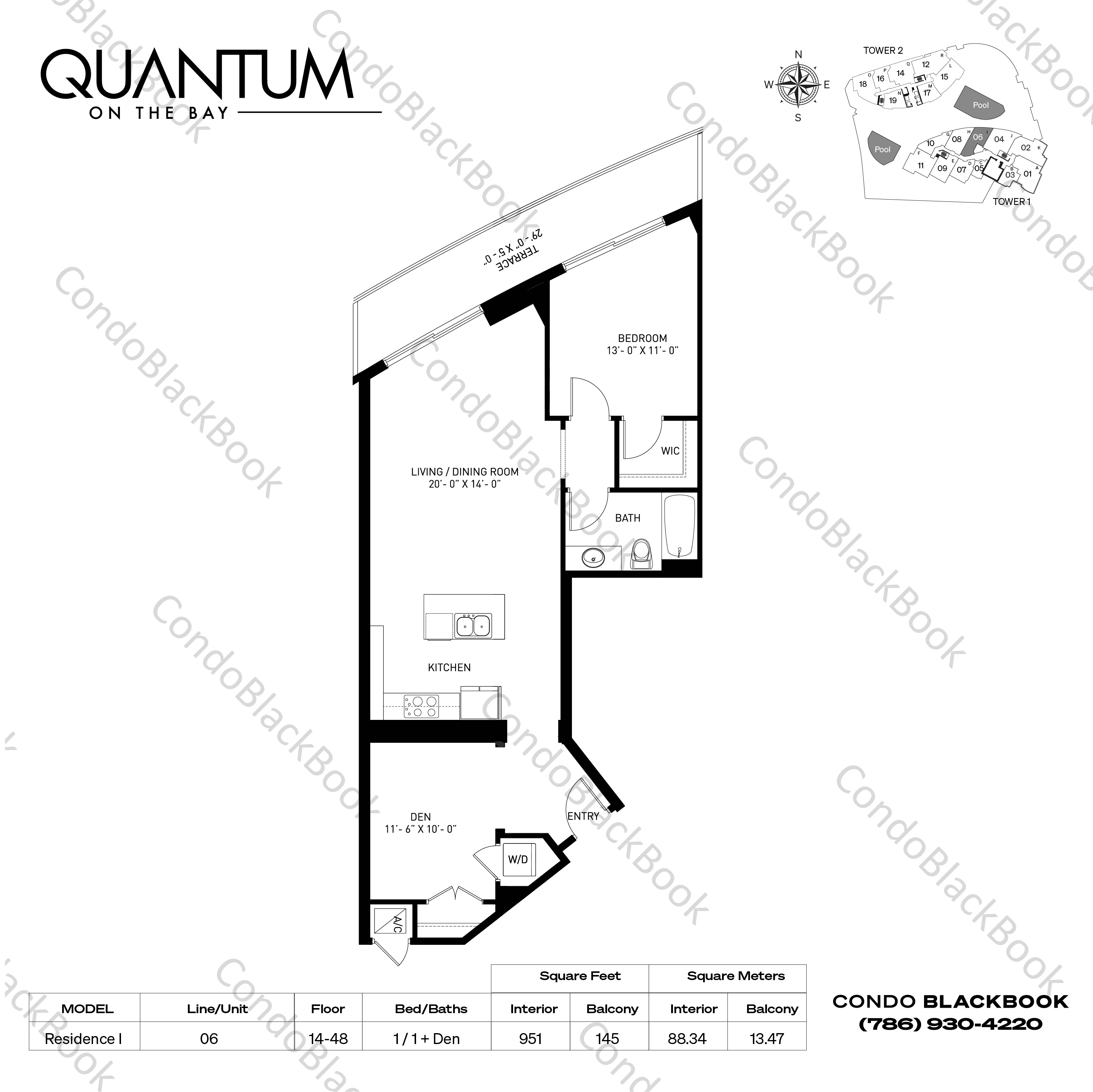 Floor plan for Quantum on the Bay Edgewater Miami, model Residence I, line 06, 1 / 1 + Den bedrooms, 951 sq ft