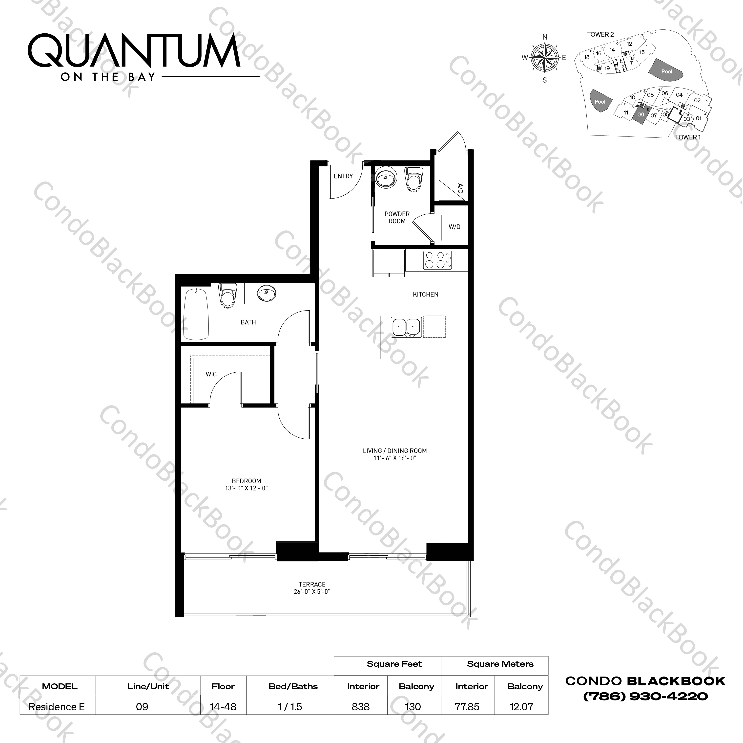 Floor plan for Quantum on the Bay Edgewater Miami, model Residence E, line 09, 1 / 1.5 bedrooms, 838 sq ft