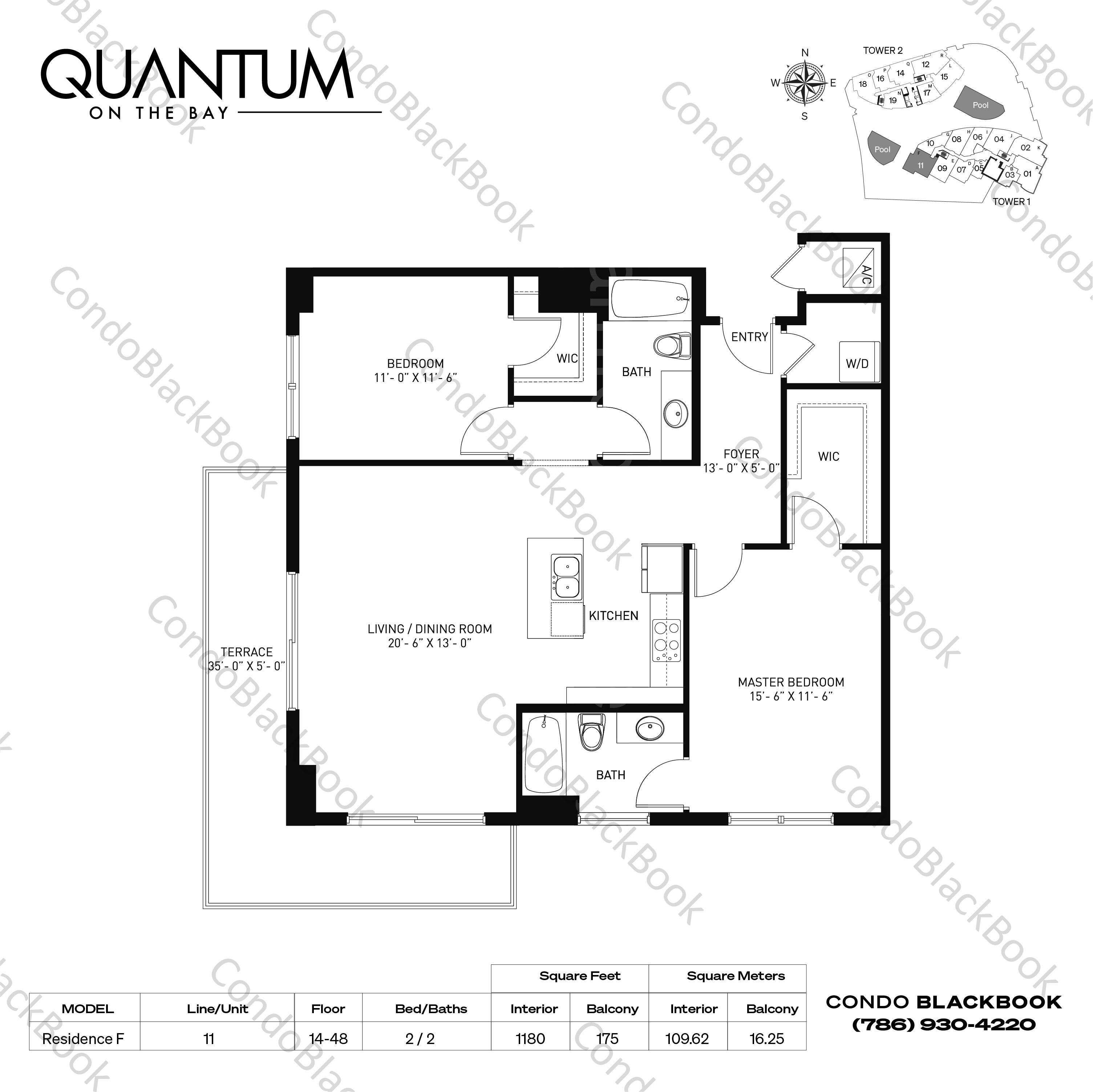 Floor plan for Quantum on the Bay Edgewater Miami, model Residence F, line 11, 2 / 2 bedrooms, 1180 sq ft