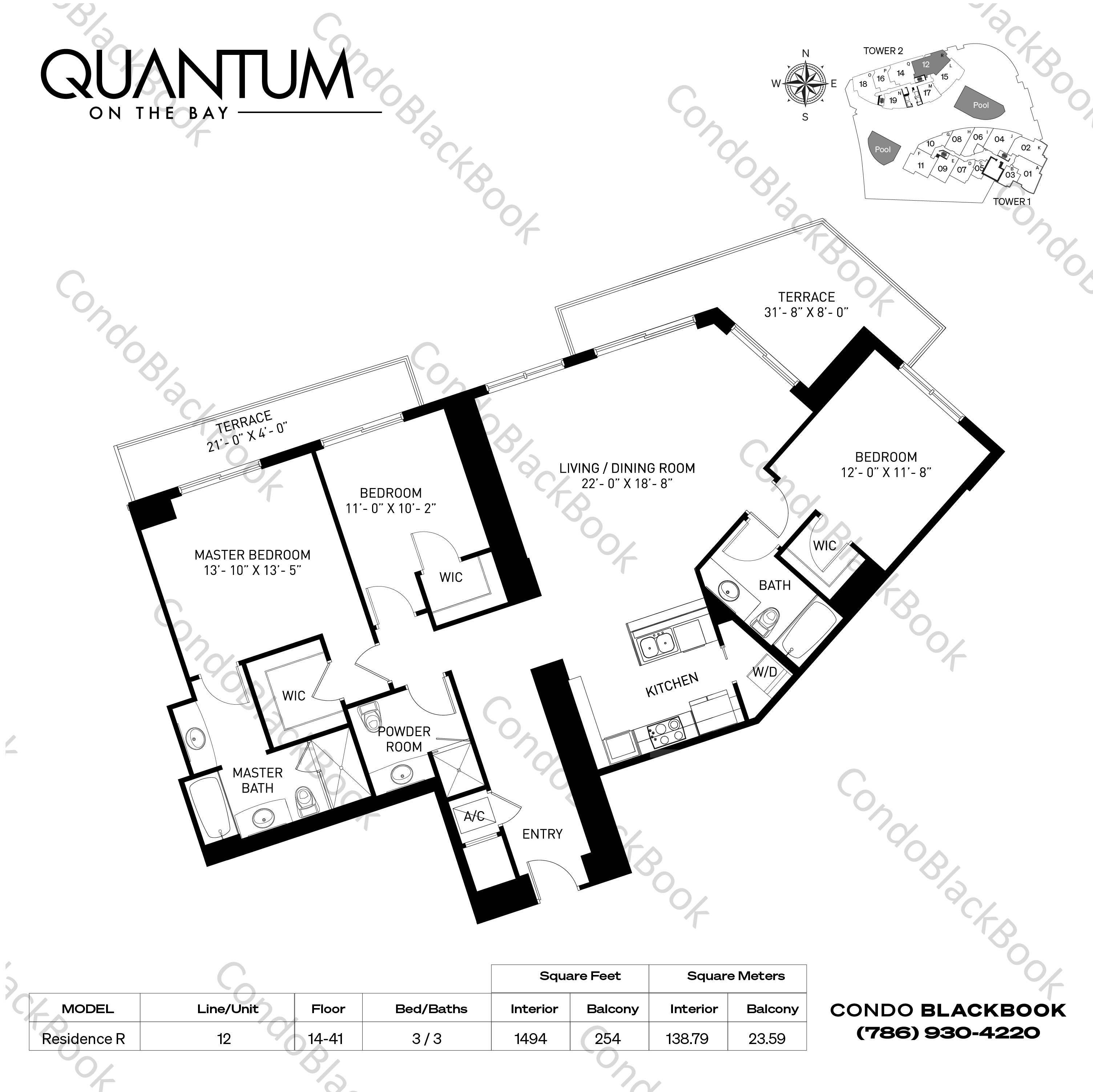 Floor plan for Quantum on the Bay Edgewater Miami, model Residence R, line 12, 3 / 3 bedrooms, 1494 sq ft
