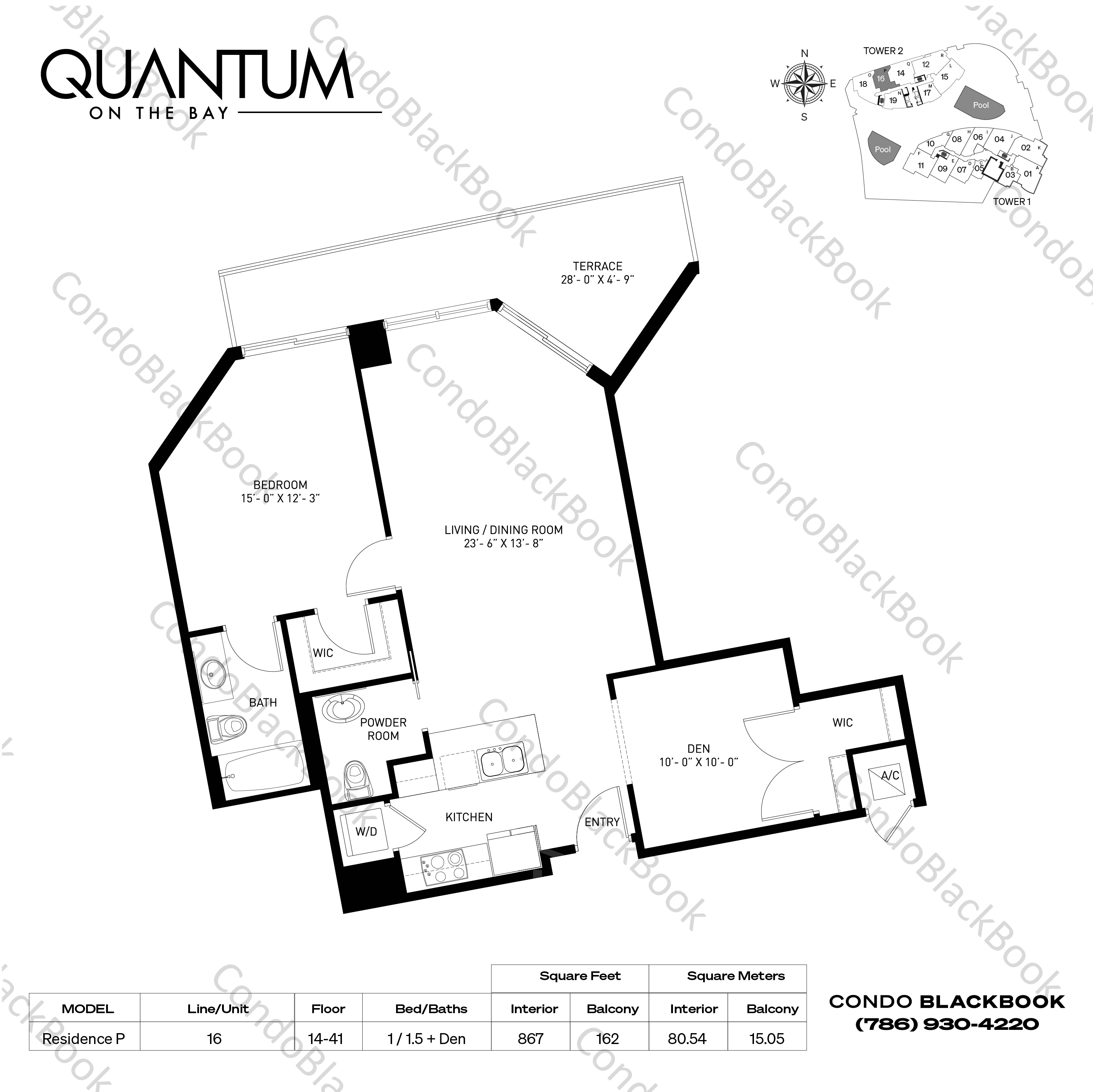Floor plan for Quantum on the Bay Edgewater Miami, model Residence P, line 16, 1 / 1.5 + Den bedrooms, 867 sq ft