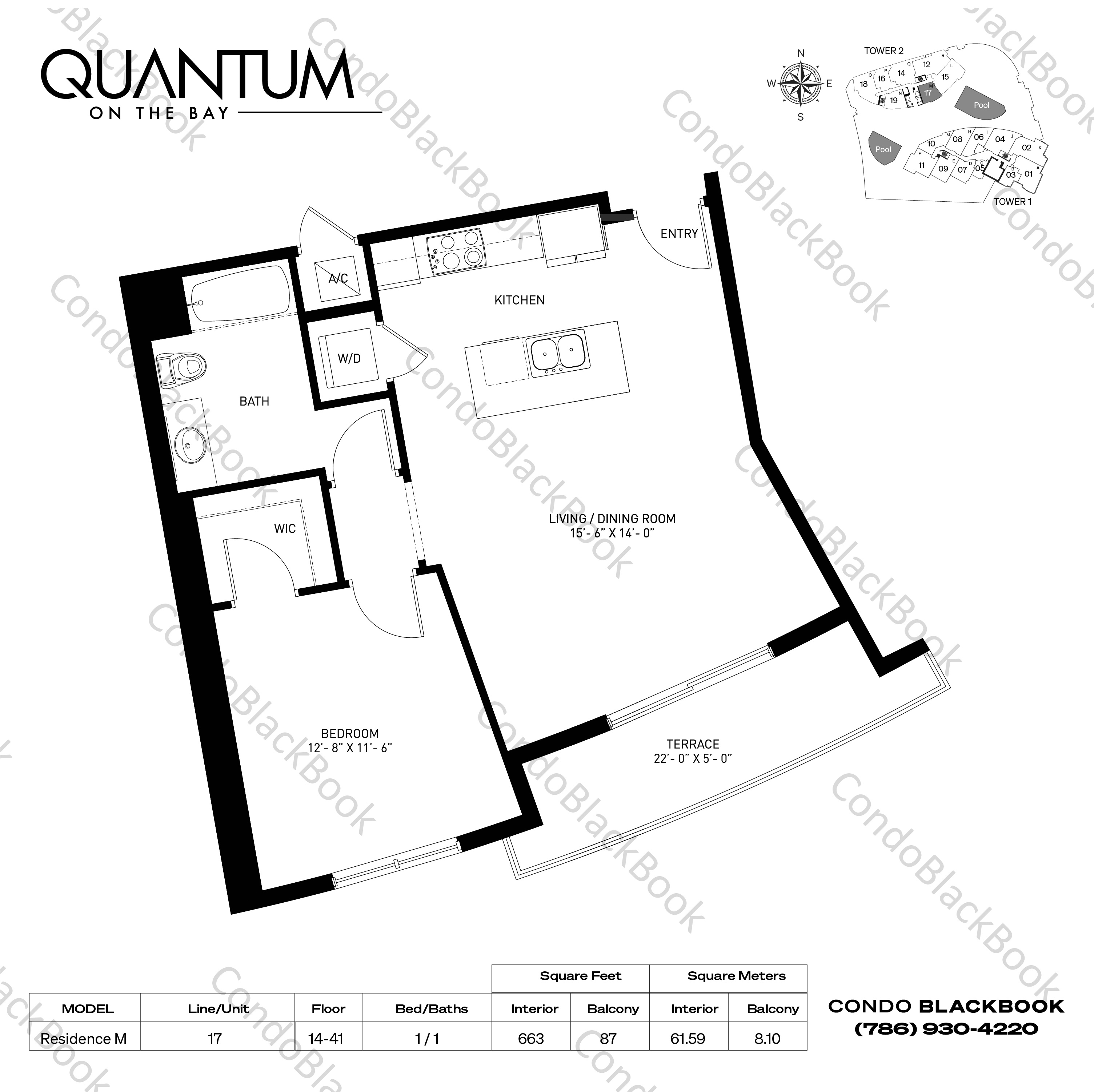 Floor plan for Quantum on the Bay Edgewater Miami, model Residence M, line 17, 1 / 1 bedrooms, 663 sq ft