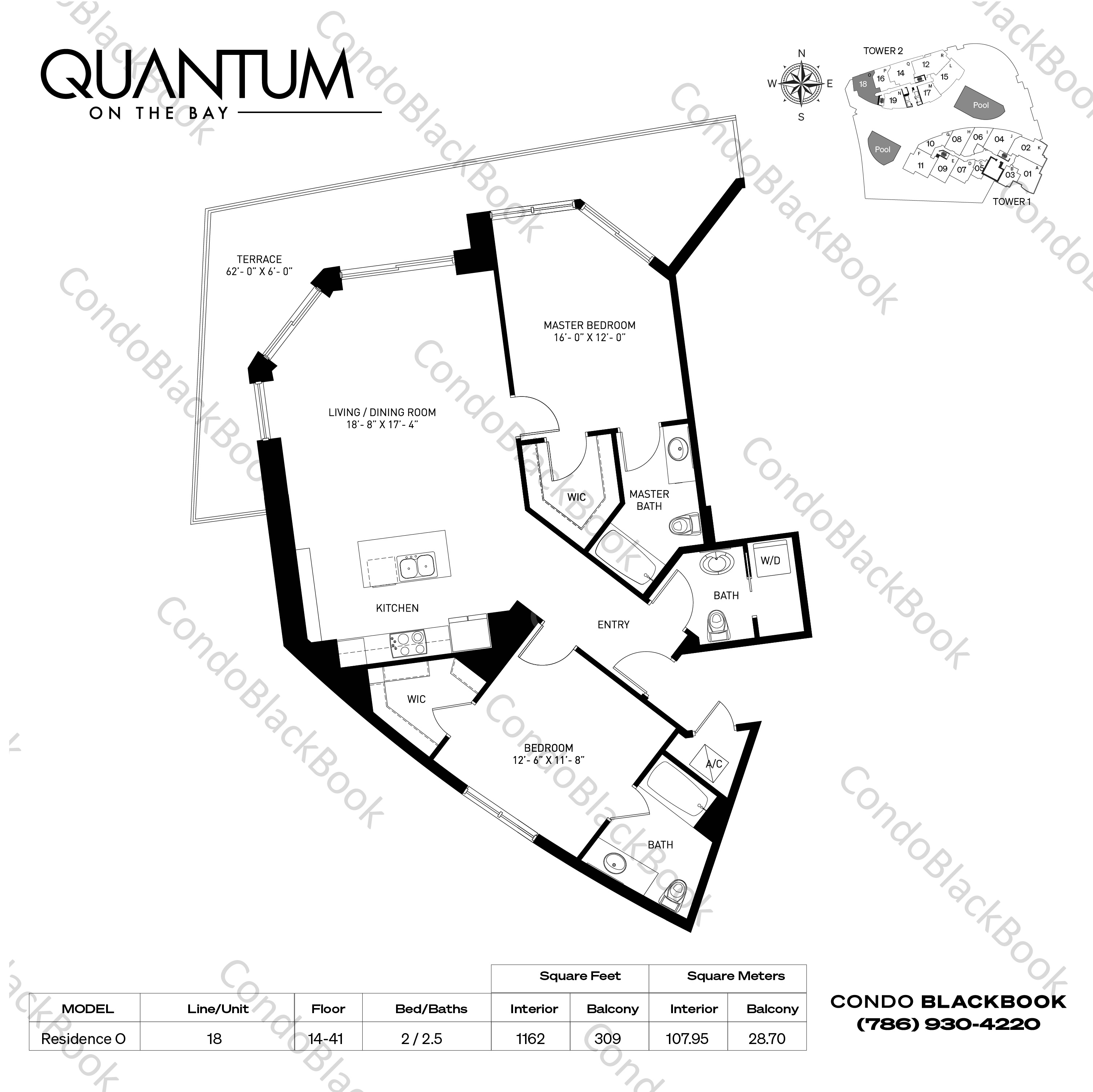 Floor plan for Quantum on the Bay Edgewater Miami, model Residence O, line 18, 2 / 2.5 bedrooms, 1162 sq ft