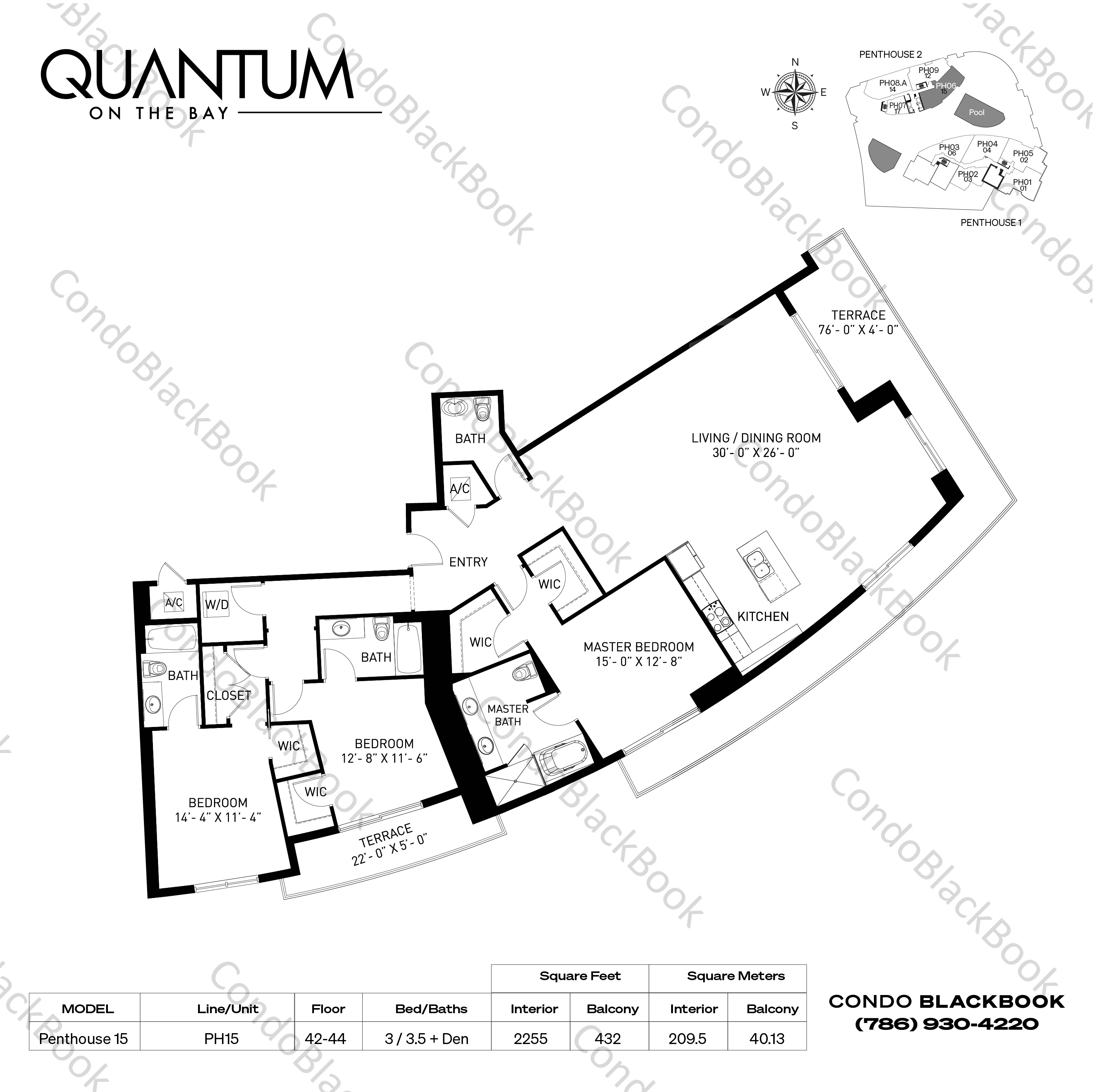 Floor plan for Quantum on the Bay Edgewater Miami, model Residence 15, line 15, 2 / 2.5 + Den bedrooms, 1325 sq ft