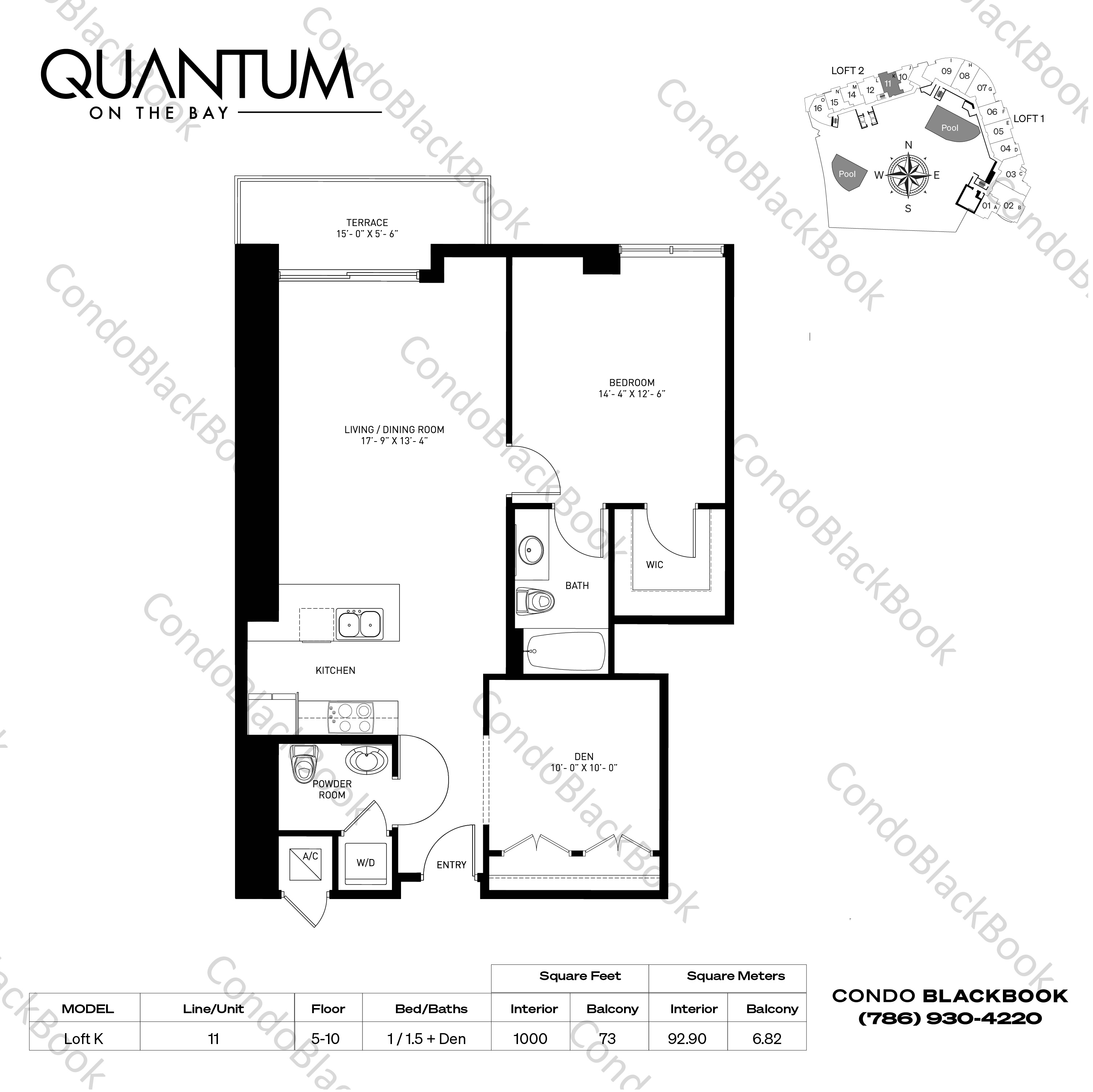 Floor plan for Quantum on the Bay Edgewater Miami, model Loft K, line 11, 1 / 1.5 + Den bedrooms, 1000 sq ft