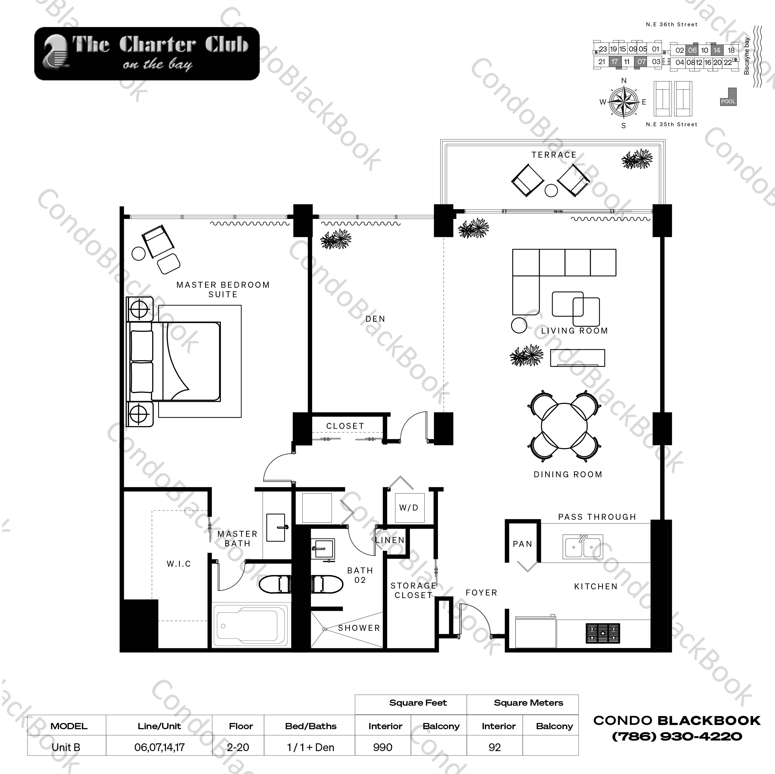 Floor plan for The Charter Club Edgewater Miami, model Unit B, line 06,07,14,17, 1 / 1 + Den bedrooms, 990 sq ft