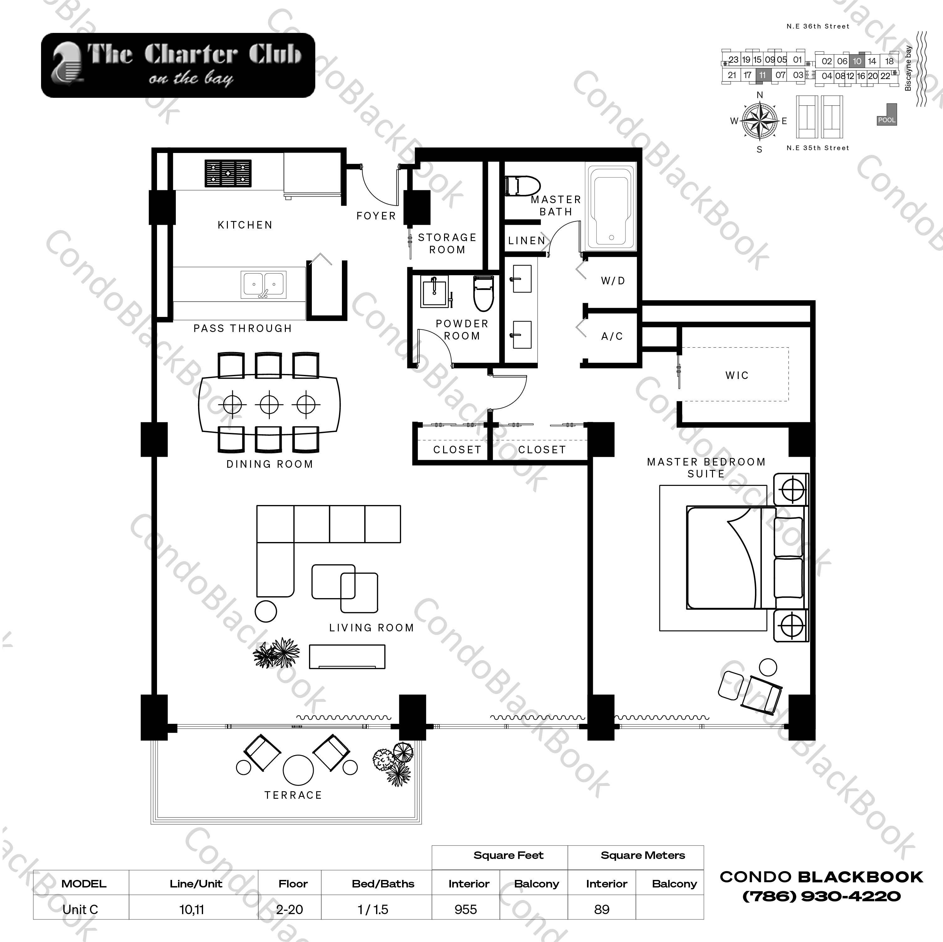 Floor plan for The Charter Club Edgewater Miami, model Unit C, line 10,11, 1 / 1.5 bedrooms, 955 sq ft