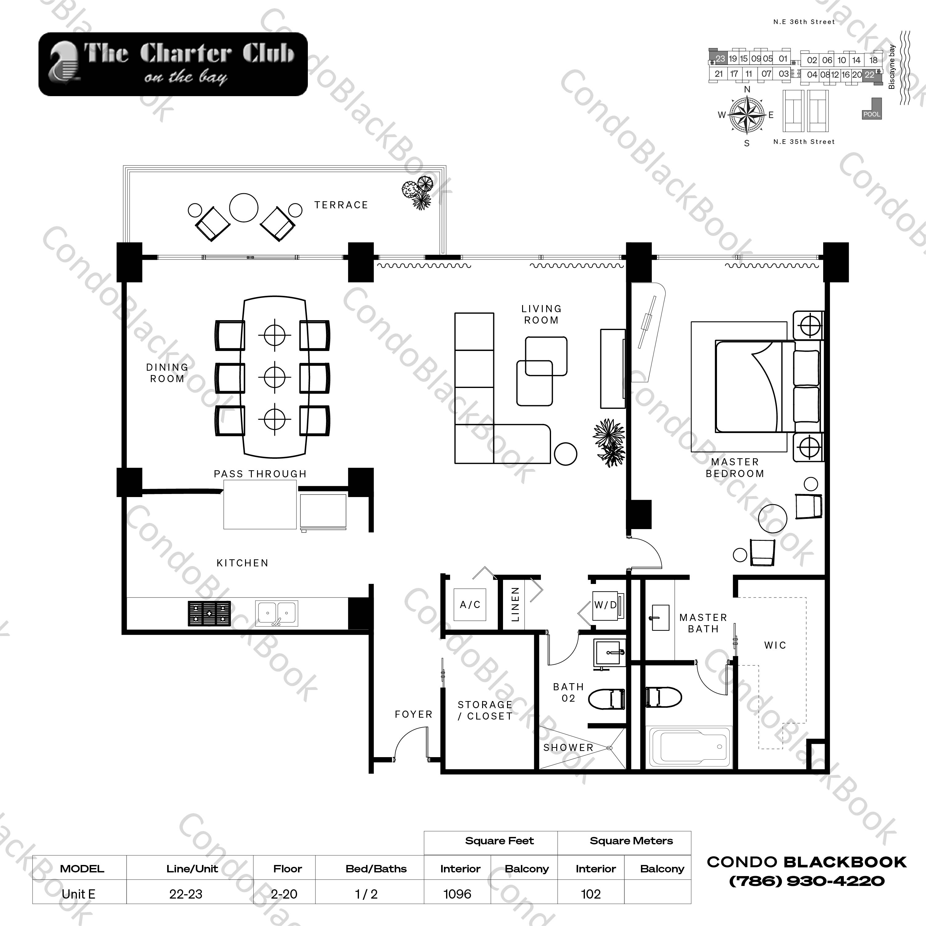 Floor plan for The Charter Club Edgewater Miami, model Unit E, line 22-23, 1 / 2 bedrooms, 1096 sq ft