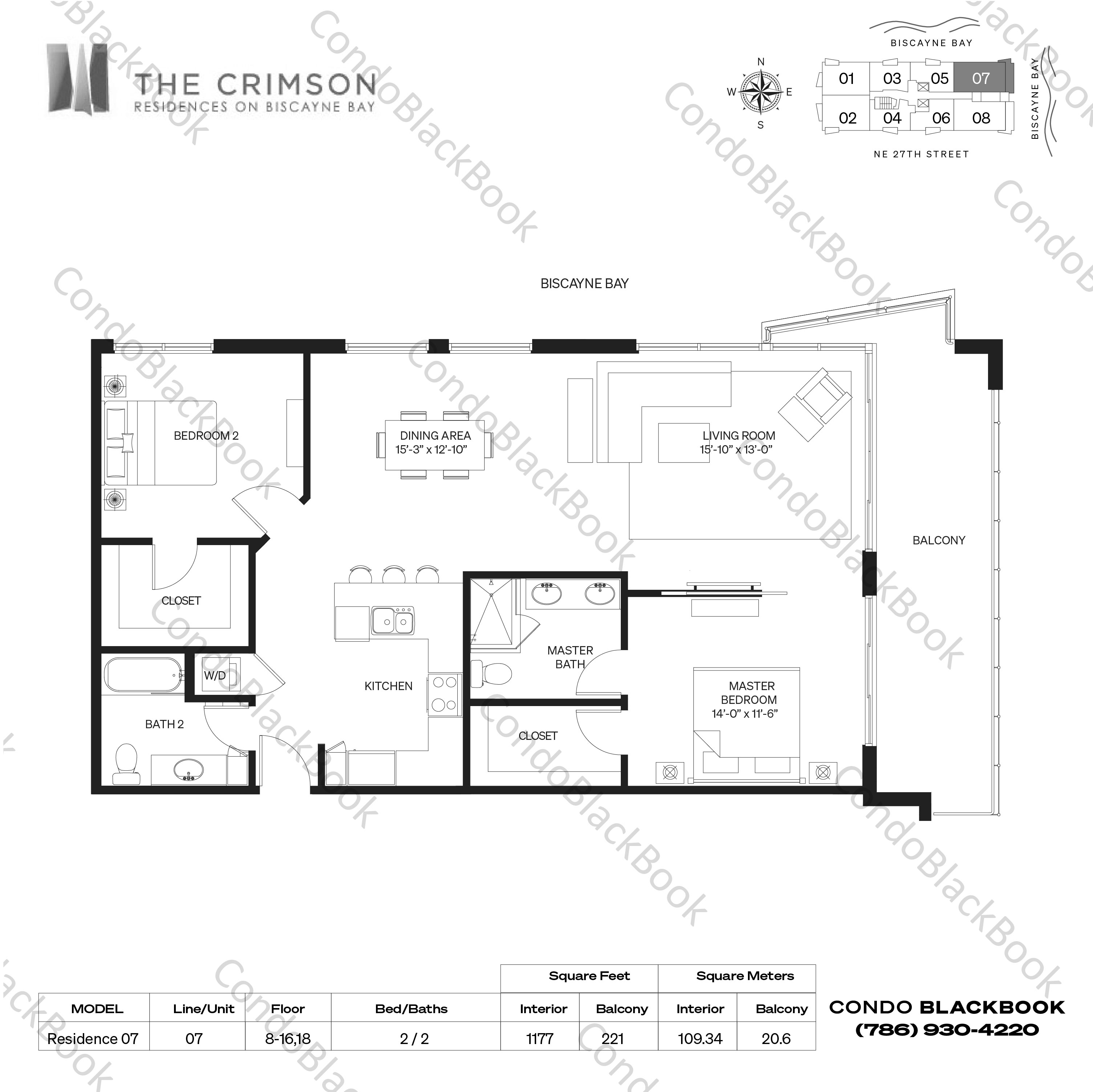 Floor plan for The Crimson Edgewater Miami, model Residence 07, line 07, 2 / 2 bedrooms, 1177 sq ft