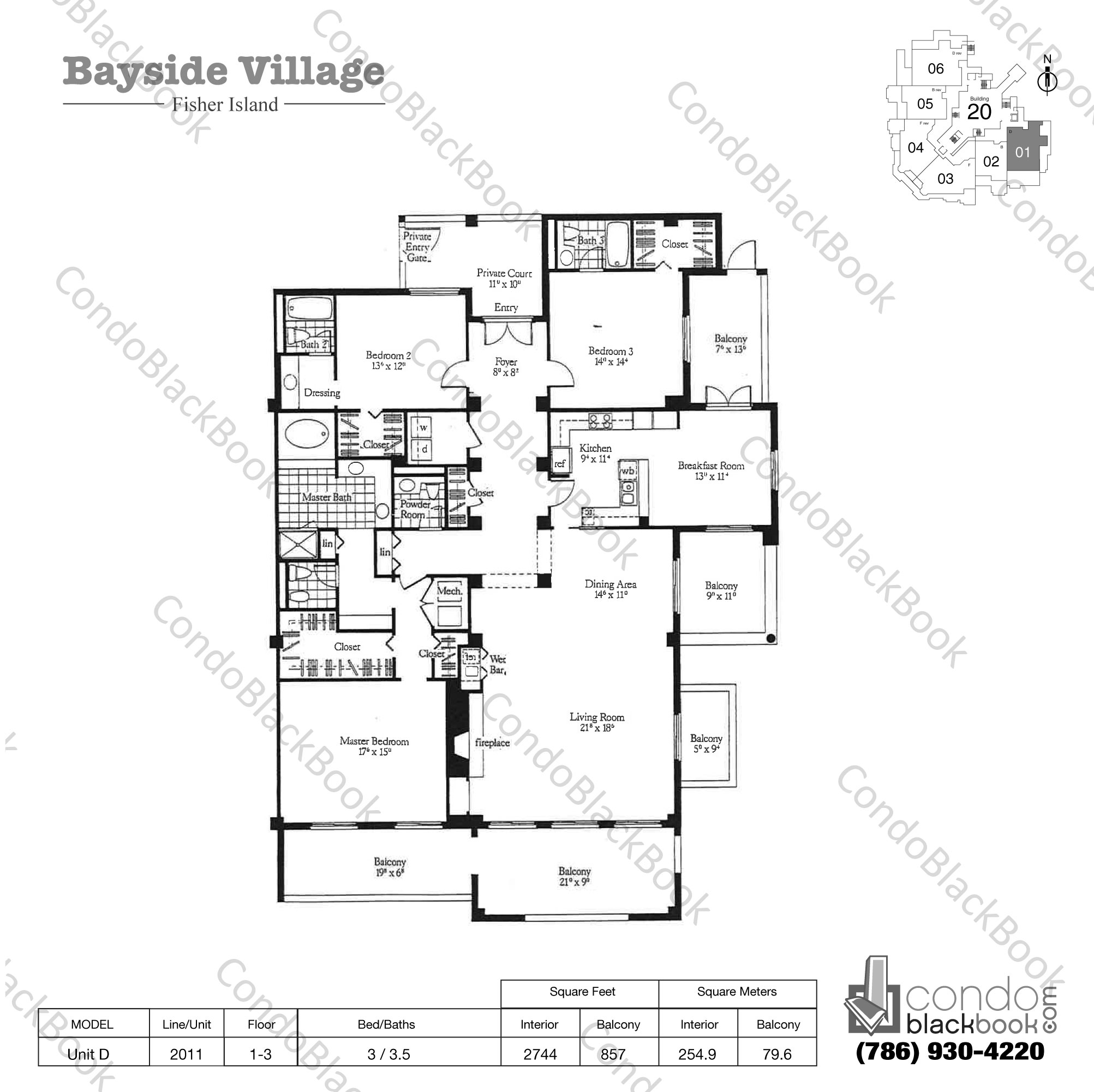 Floor plan for Bayside Village Fisher Island, model Unit D, line 2011, 3 / 3.5 bedrooms, 2744 sq ft