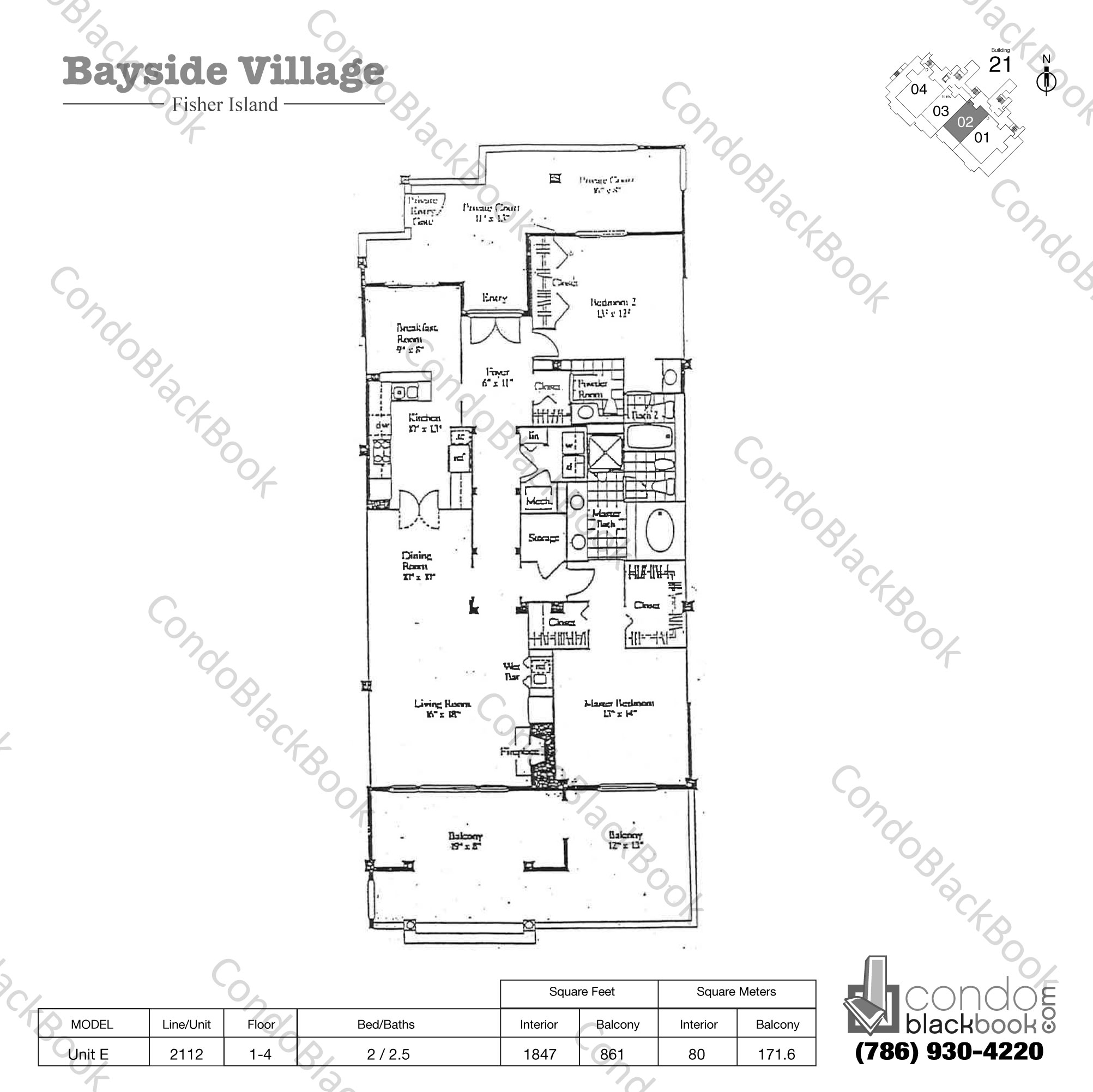 Floor plan for Bayside Village Fisher Island, model Unit E, line 2112, 2 / 2.5 bedrooms, 1847 sq ft
