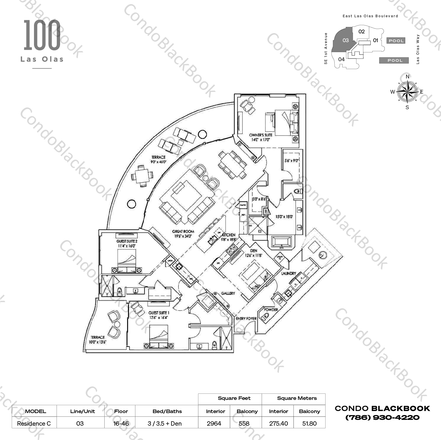 Floor plan for 100 Las Olas Fort Lauderdale, model Residence C, line 03, 3 / 3.5 + Den bedrooms, 2964 sq ft