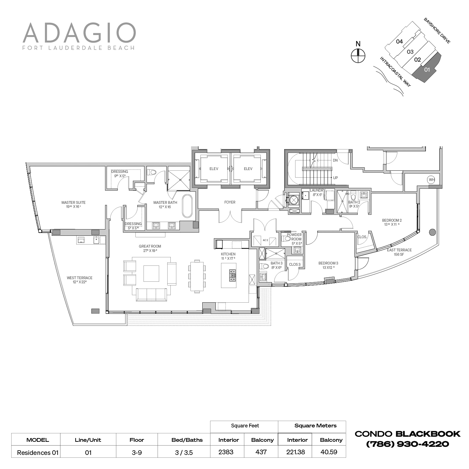 Floor plan for Adagio Fort Lauderdale, model Residences 01, line 01, 3 / 3.5 bedrooms, 2383 sq ft
