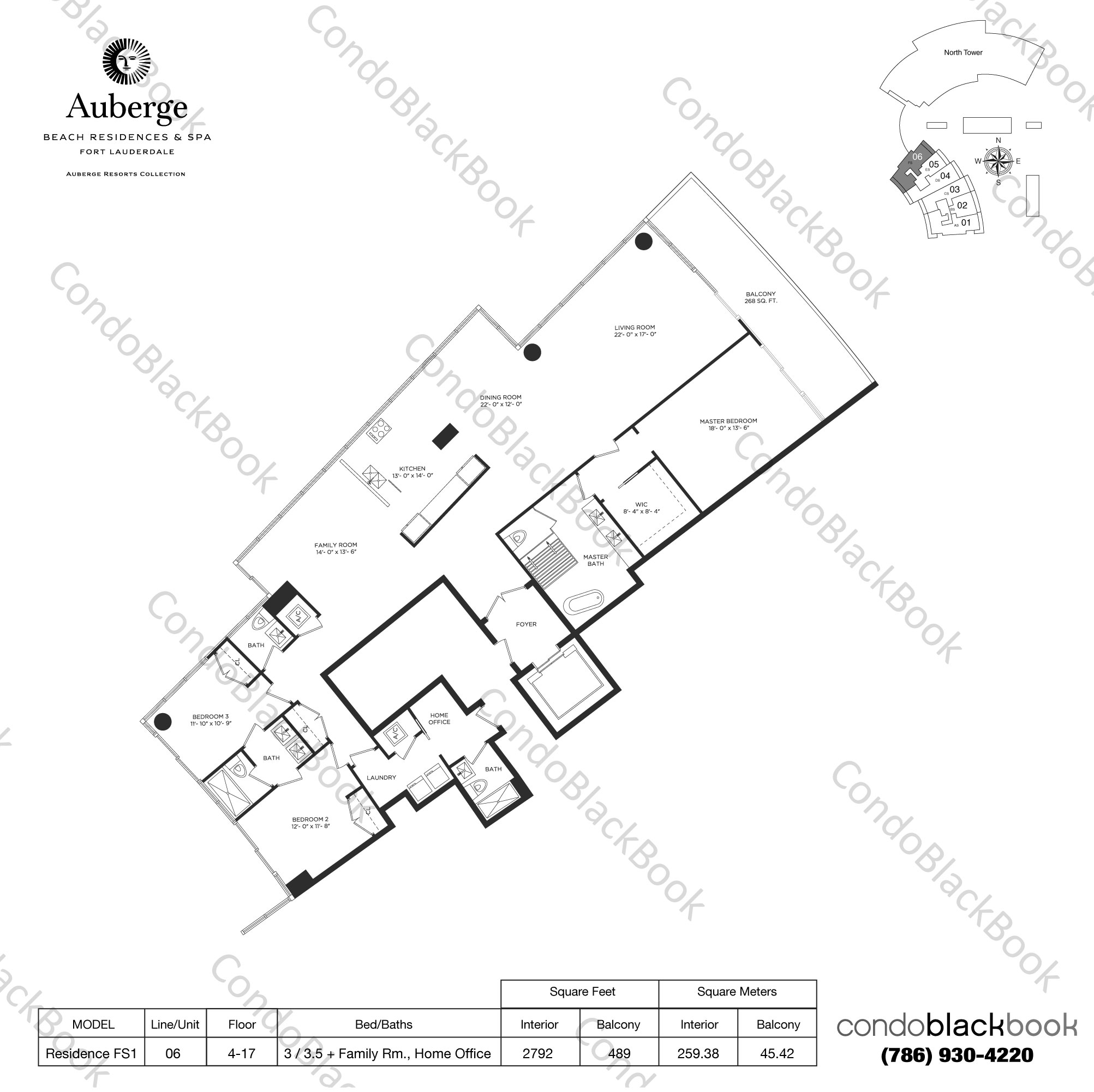 Floor plan for Auberge Beach Residences & Spa Fort Lauderdale, model Residence FS1, line 06, 3 / 3.5 + Family Room, Home Office bedrooms, 2792 sq ft