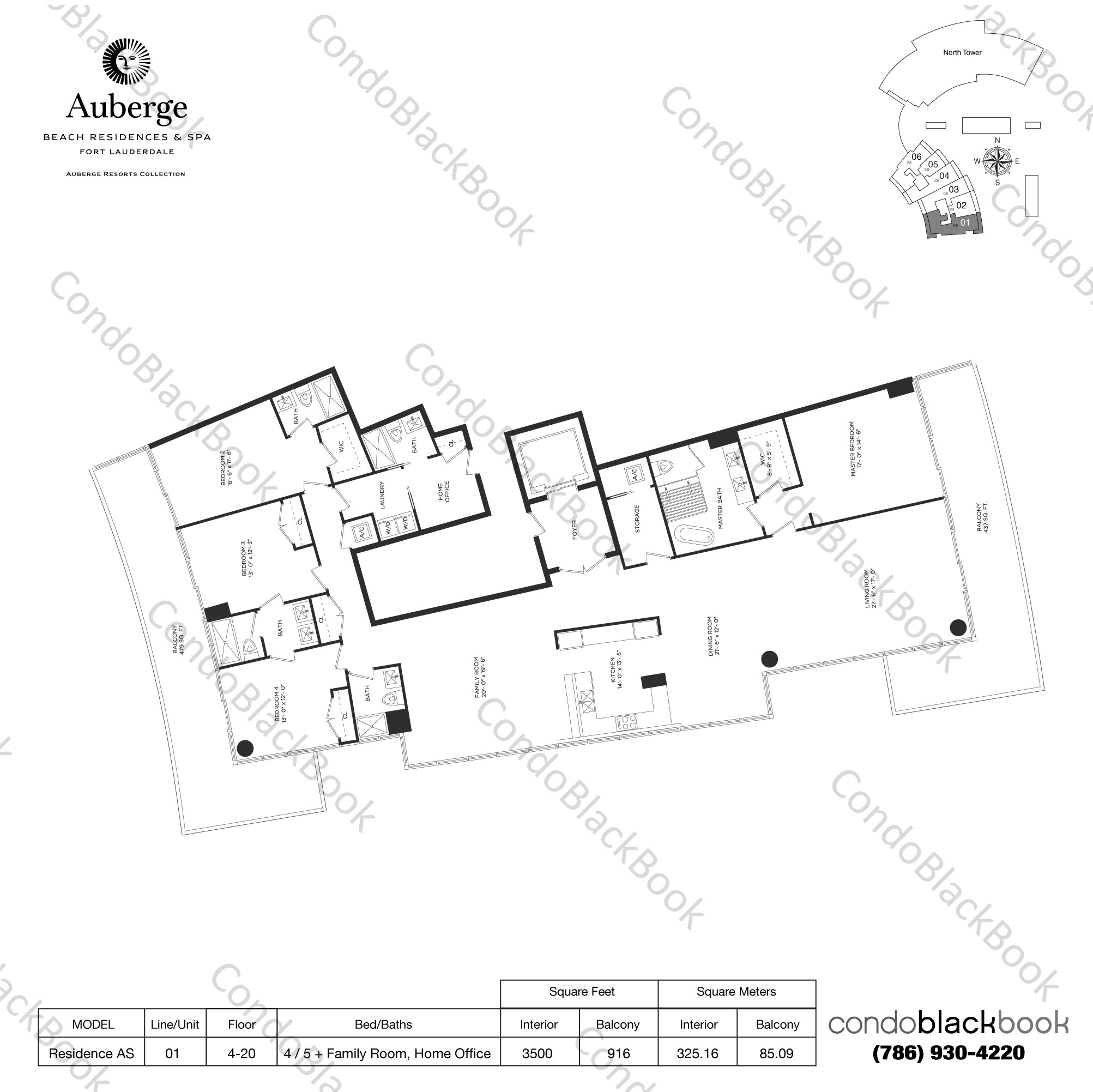 Floor plan for Auberge Beach Residences & Spa Fort Lauderdale, model Residence AS, line 01, 4 / 5 + Family Room, Home Office bedrooms, 3500 sq ft