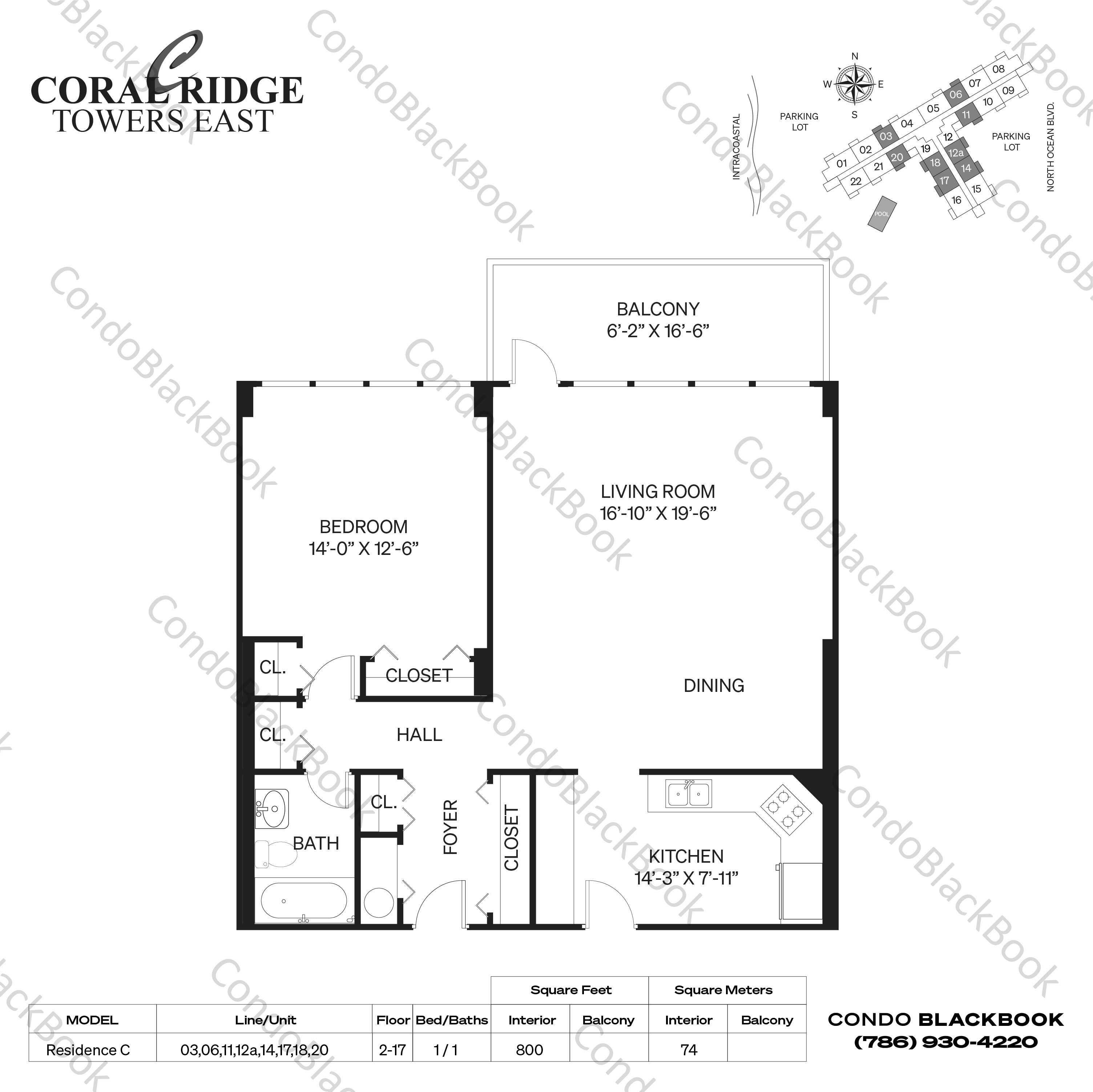 Floor plan for Coral Ridge Towers East Fort Lauderdale, model Residence C, line 03,06,11,12a,14,17,18,20, 1 / 1 bedrooms, 800 sq ft