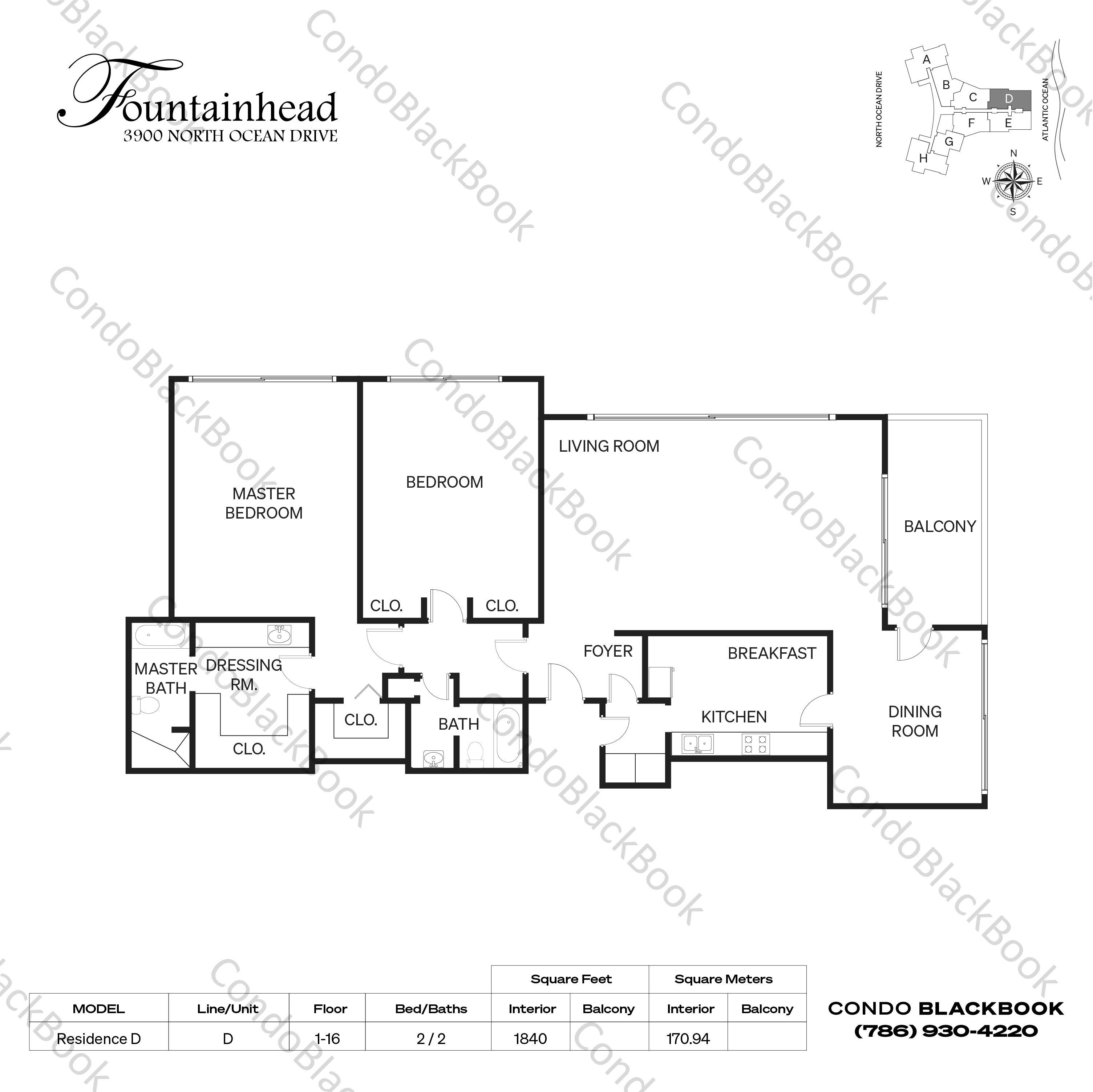 Floor plan for Fountainhead Fort Lauderdale, model Residence D, line D, 2 / 2 bedrooms, 1840 sq ft