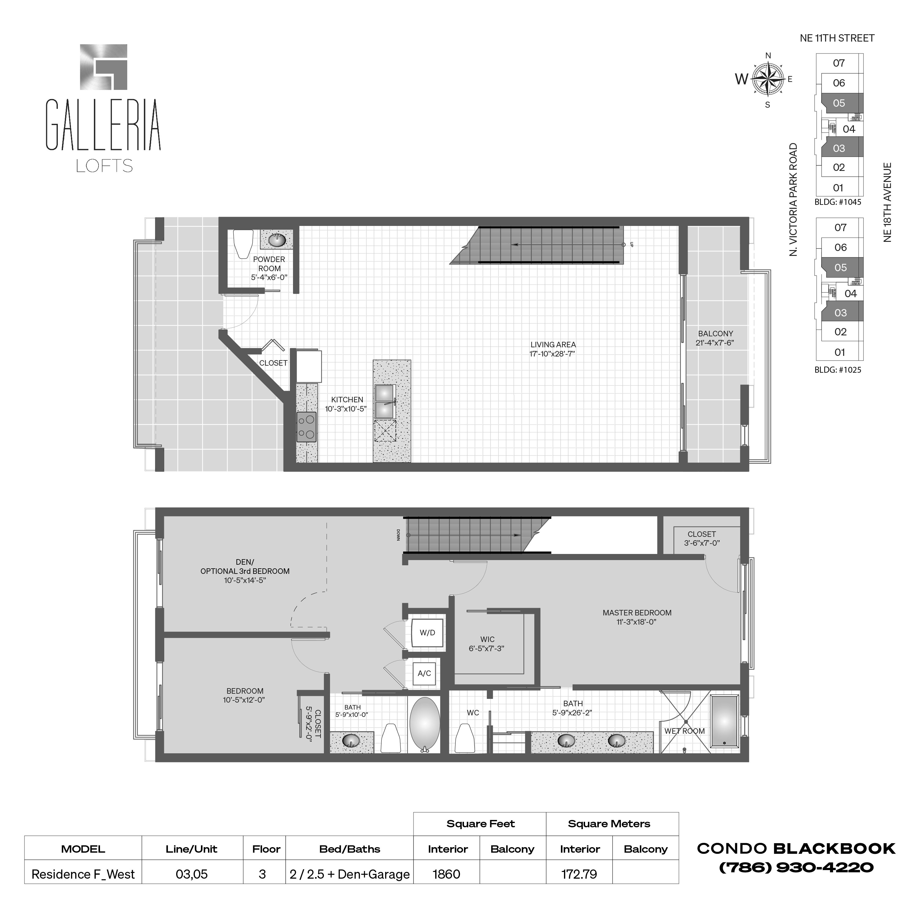 Floor plan for Galleria Lofts Fort Lauderdale, model Residence F_West, line 03,05, 2 / 2.5 + Den+Garage bedrooms, 1860 sq ft