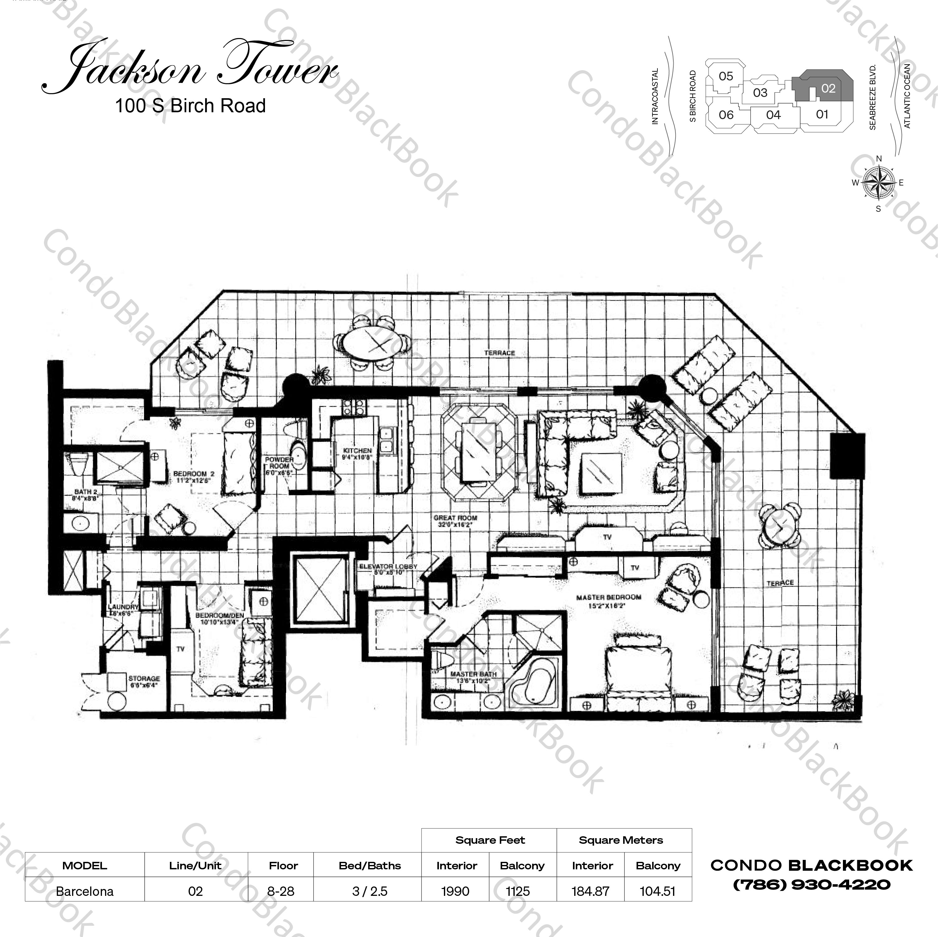 Floor plan for Jackson Tower Fort Lauderdale, model Barcelona, line 02, 3 / 2.5 bedrooms, 1990 sq ft