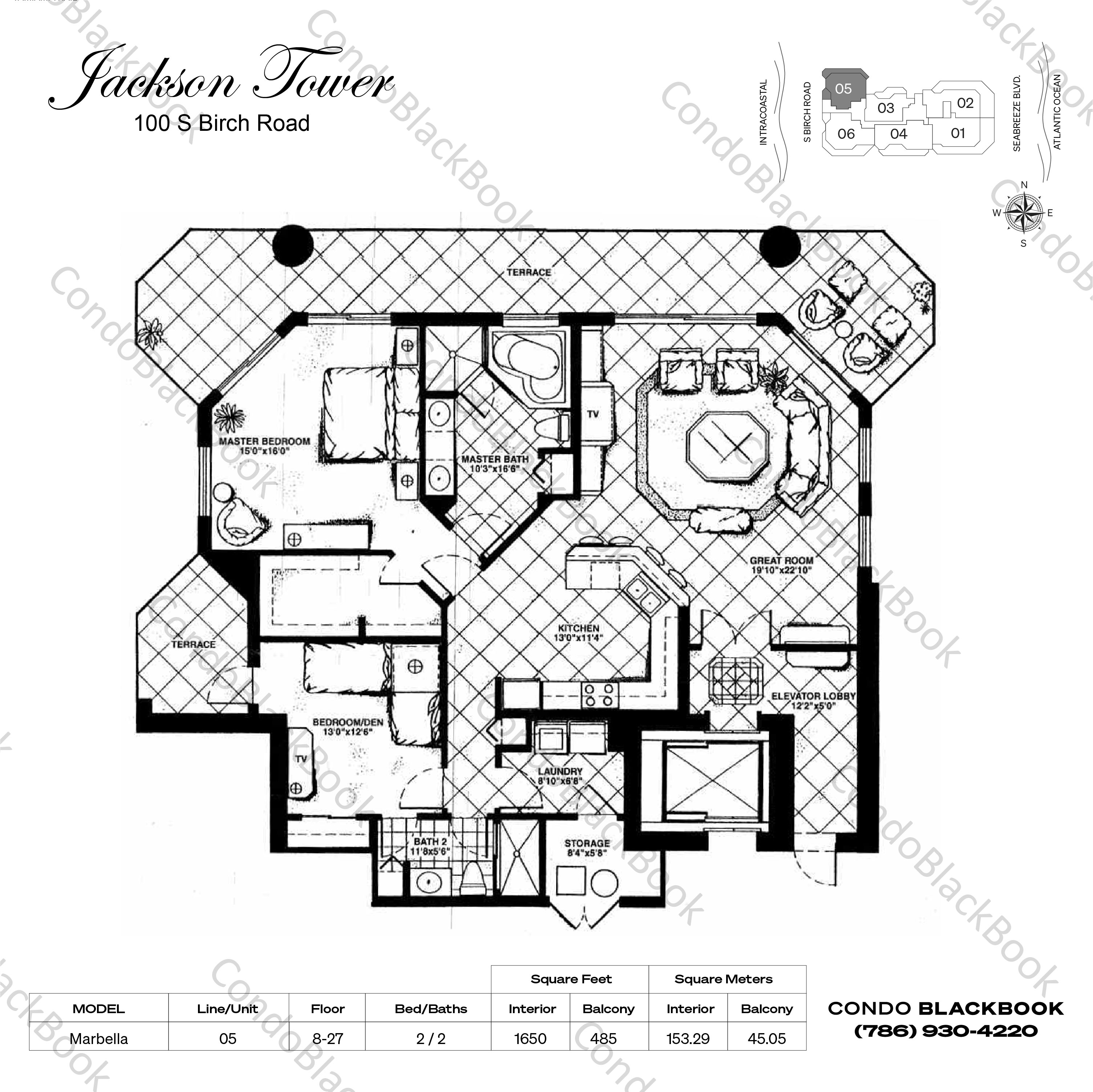 Floor plan for Jackson Tower Fort Lauderdale, model Marbella, line 05, 2 / 2 bedrooms, 1650 sq ft