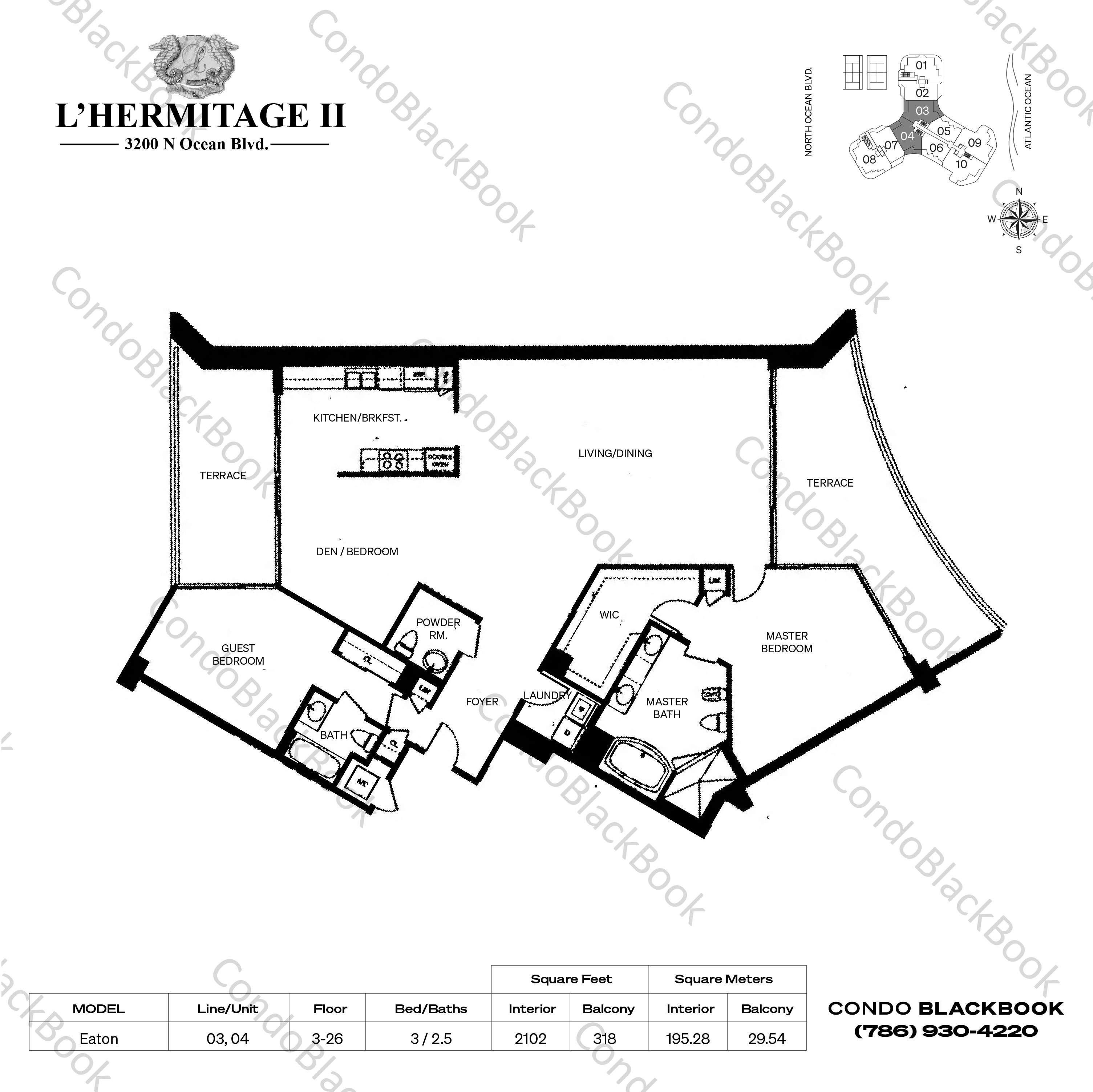 Floor plan for L'Hermitage North Tower Fort Lauderdale, model Eaton, line 03, 04, 3 / 2.5 bedrooms, 2102 sq ft