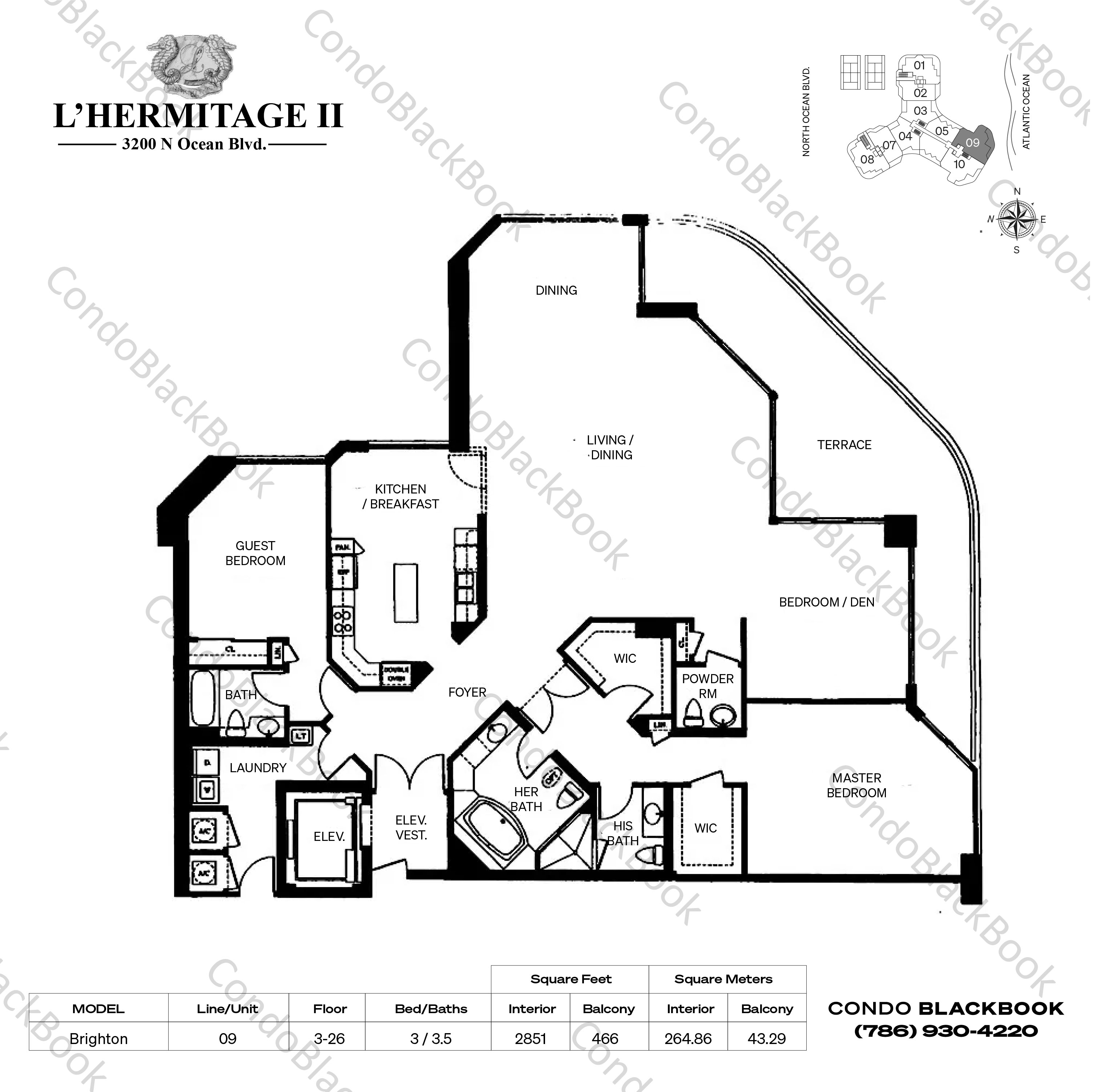 Floor plan for L'Hermitage North Tower Fort Lauderdale, model Brighton, line 09, 3 / 3.5 bedrooms, 2851 sq ft