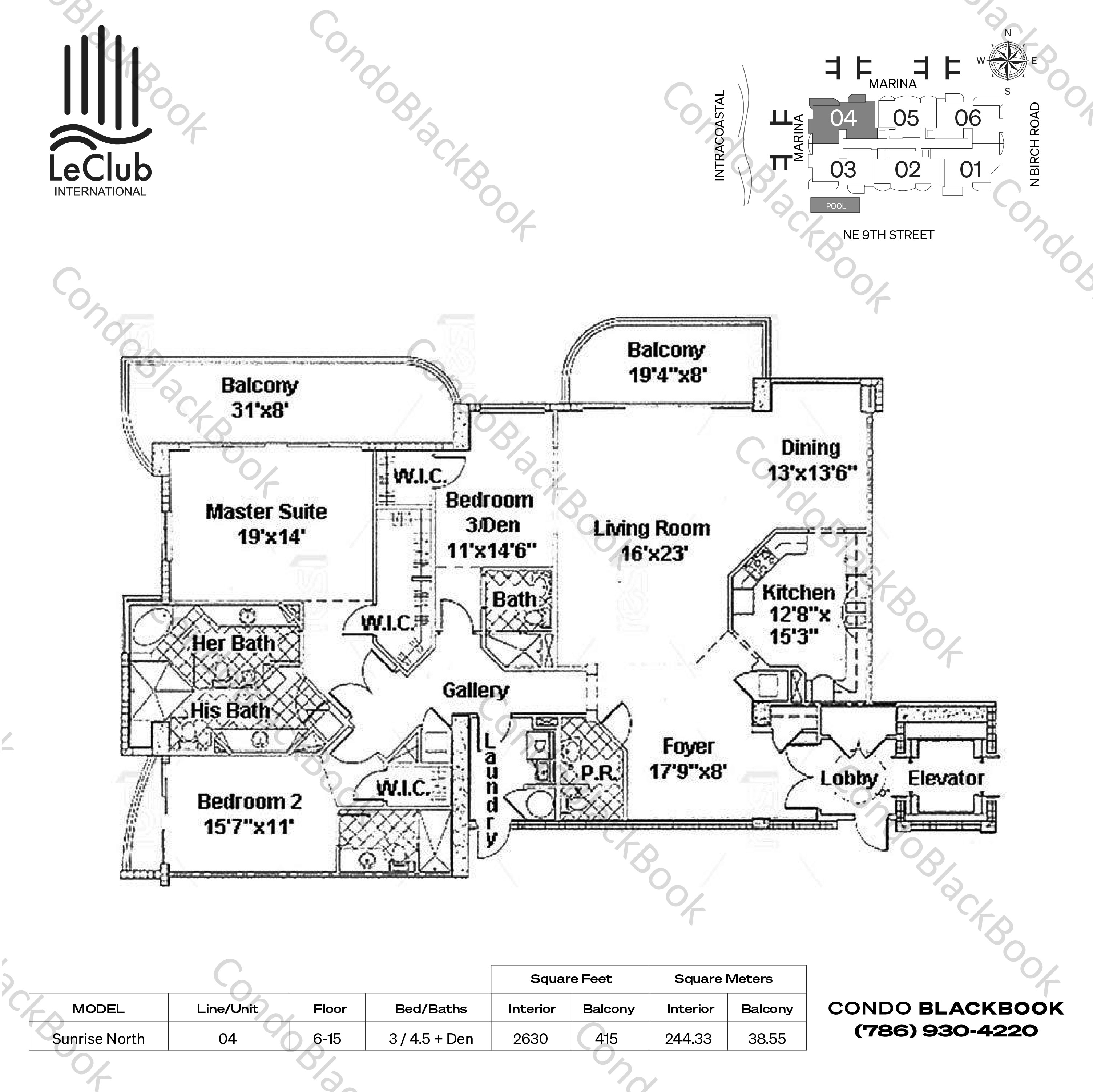 Floor plan for Le Club International Fort Lauderdale, model Sunrise North, line 04, 3 / 4.5 + Den bedrooms, 2630 sq ft