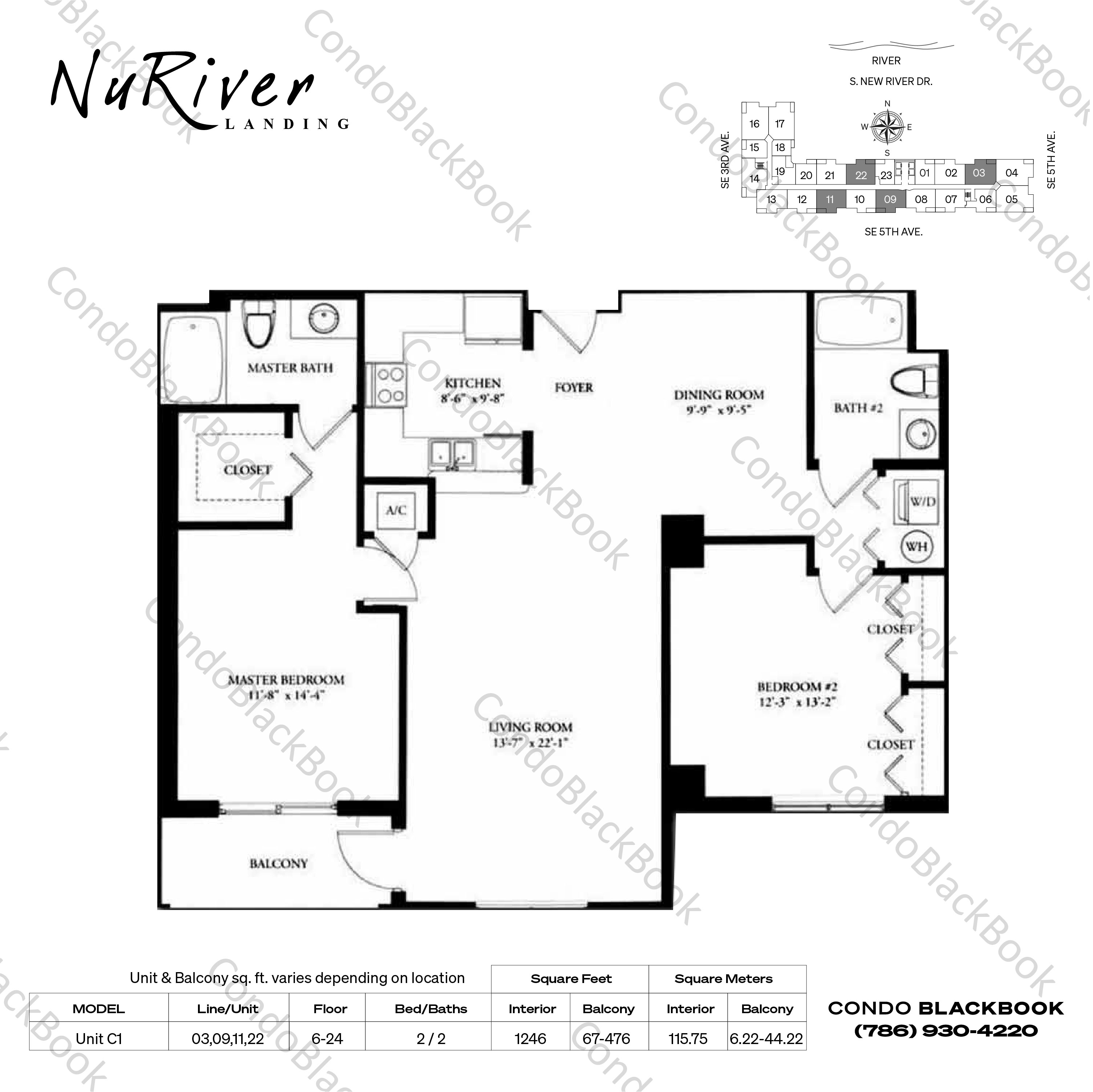 Floor plan for Nu River Landing Fort Lauderdale, model Unit C1, line 03,09,11,22, 2 / 2 bedrooms, 1246 sq ft