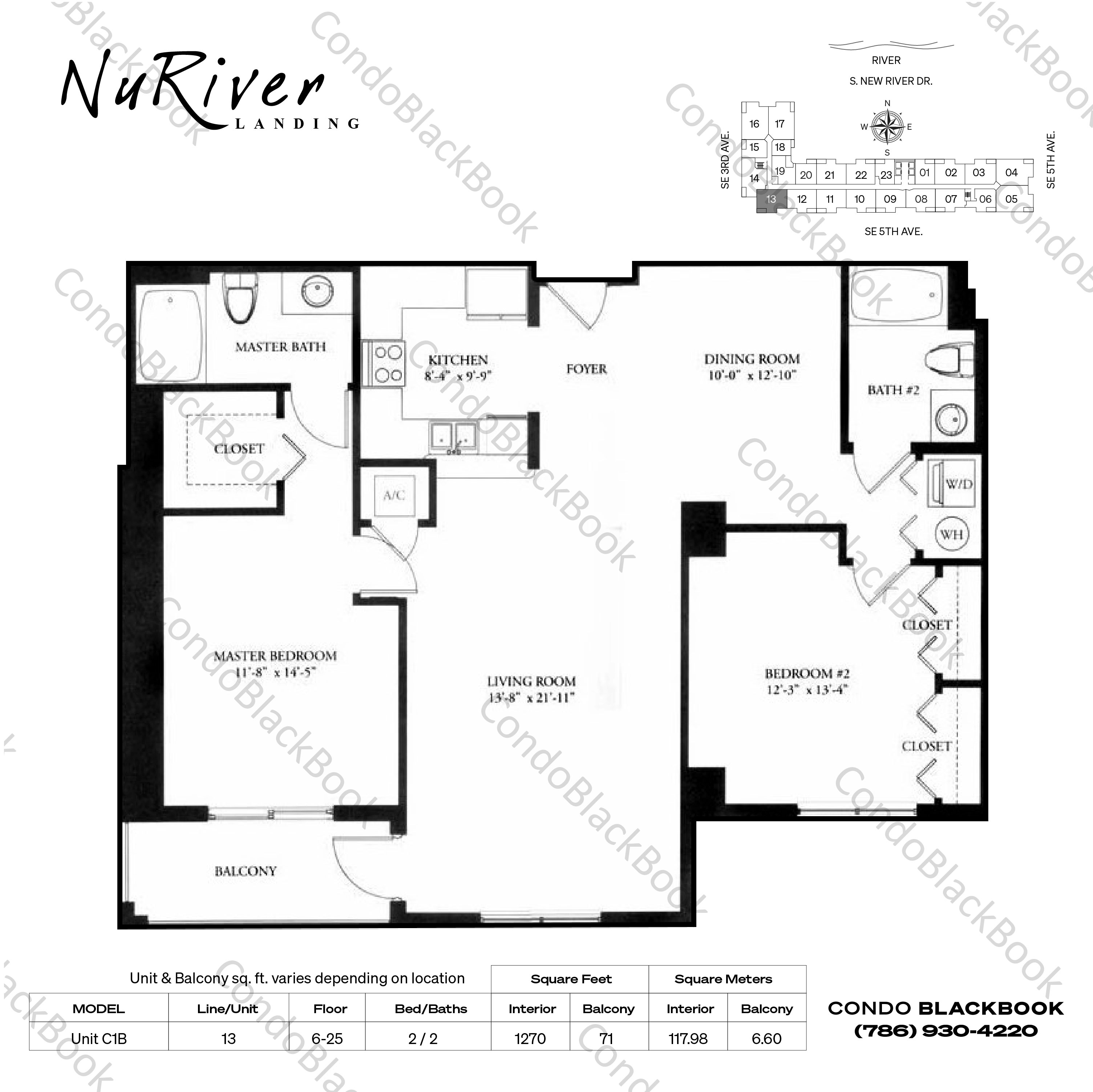 Floor plan for Nu River Landing Fort Lauderdale, model Unit C1B, line 13, 2 / 2 bedrooms, 1270 sq ft