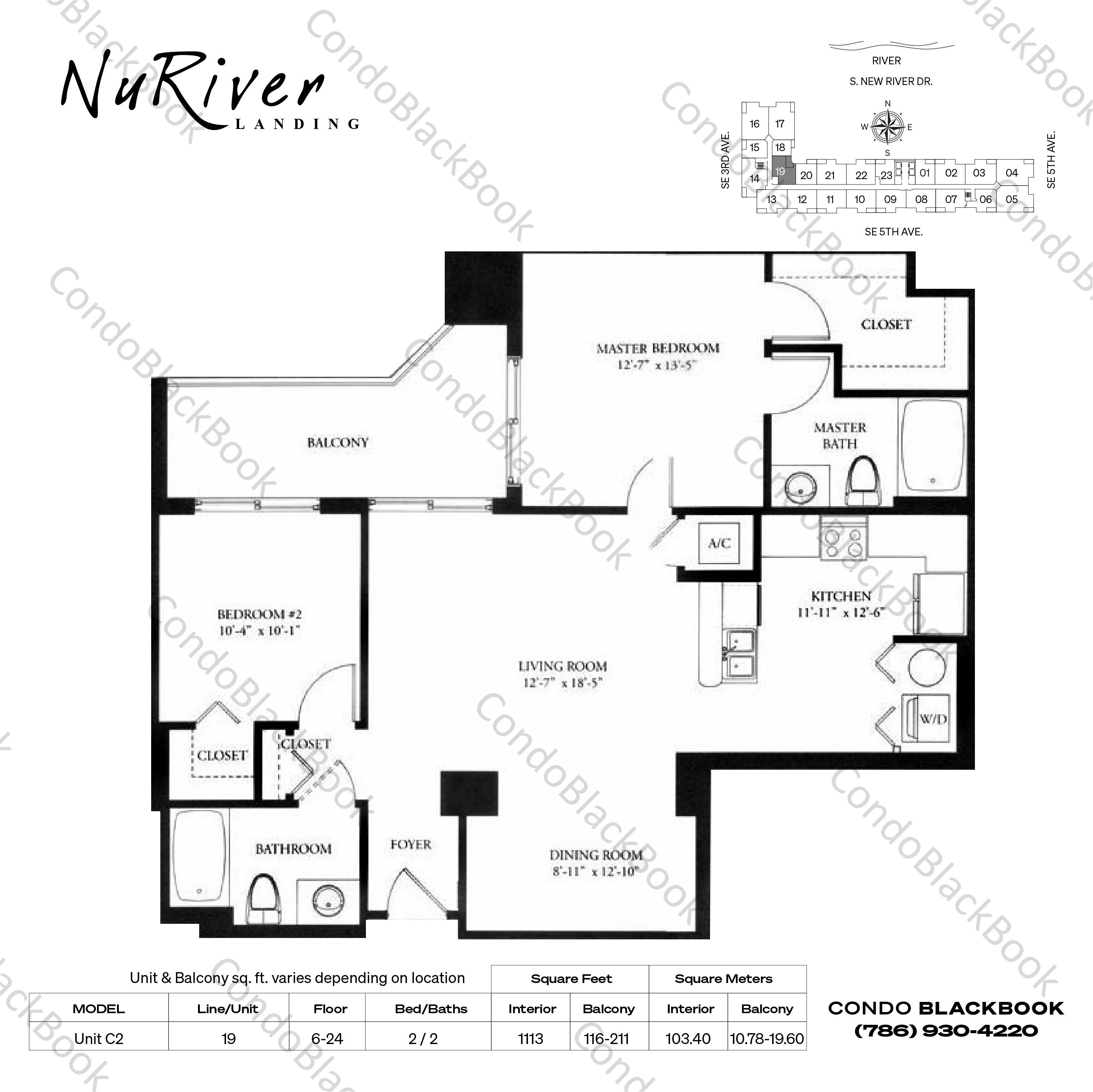 Floor plan for Nu River Landing Fort Lauderdale, model Unit C2, line 19, 2 / 2 bedrooms, 1113 sq ft