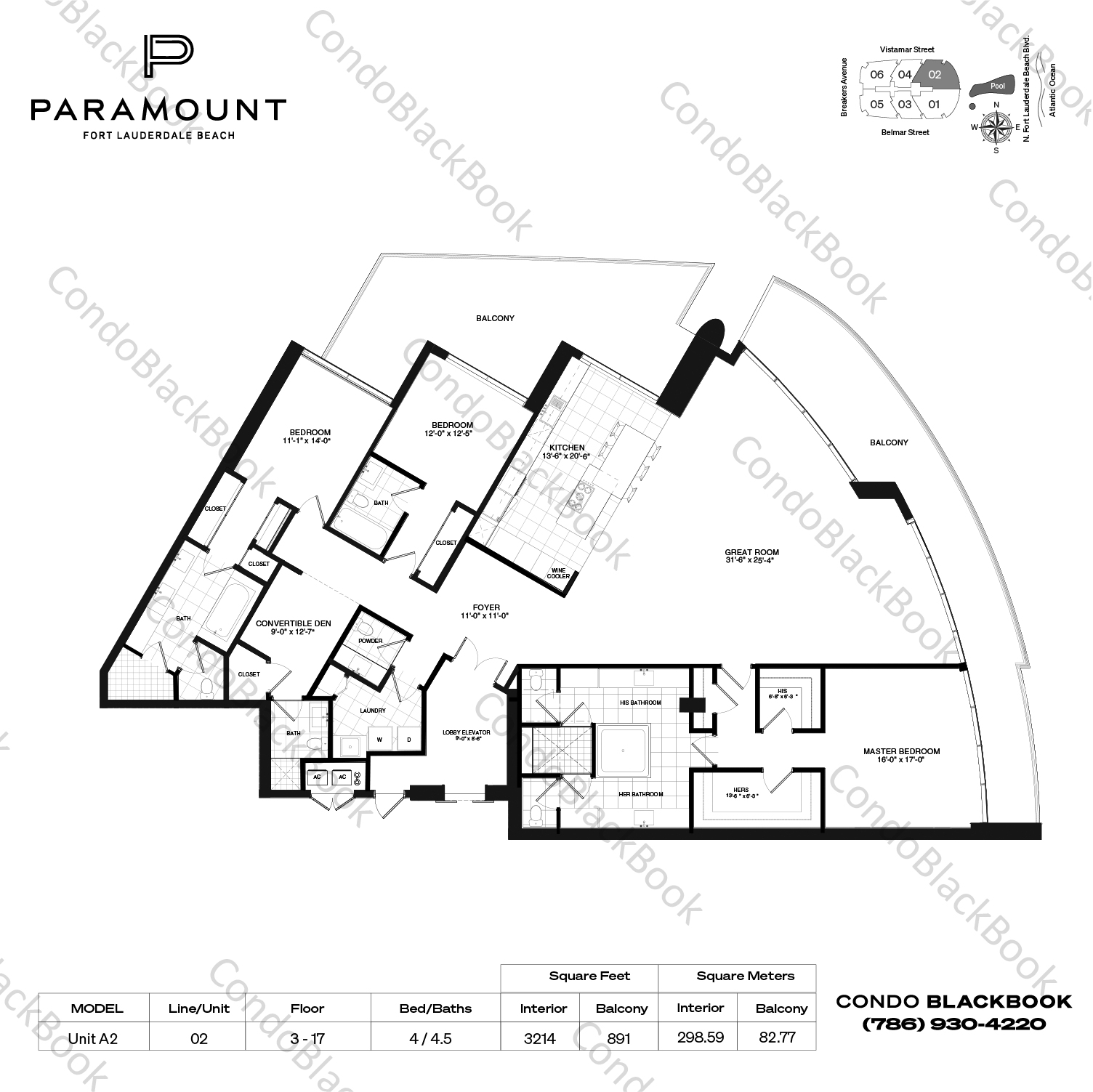 Floor plan for Paramount Fort Lauderdale Fort Lauderdale, model Unit A2, line 02, 4 / 4.5 bedrooms, 3214 sq ft