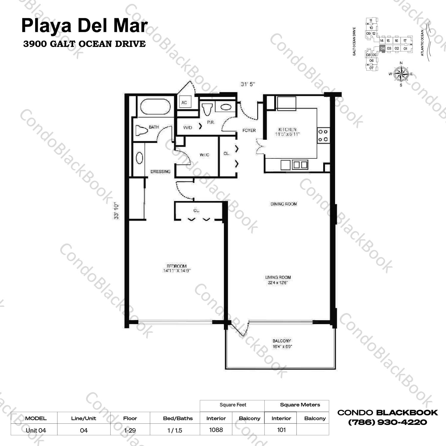 Floor plan for Playa Del Mar Fort Lauderdale, model Unit 04, line 04, 1 / 1.5 bedrooms, 1088 sq ft