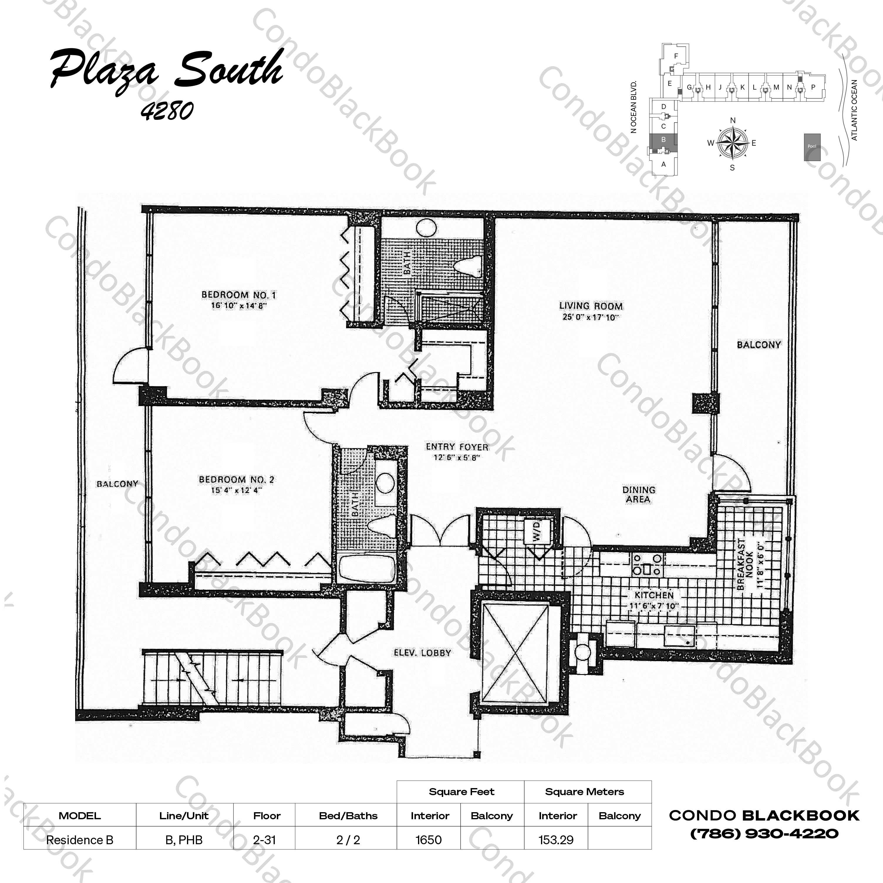 Floor plan for Plaza South Fort Lauderdale, model Residence B, line B, PHB, 2 / 2 bedrooms, 1650 sq ft