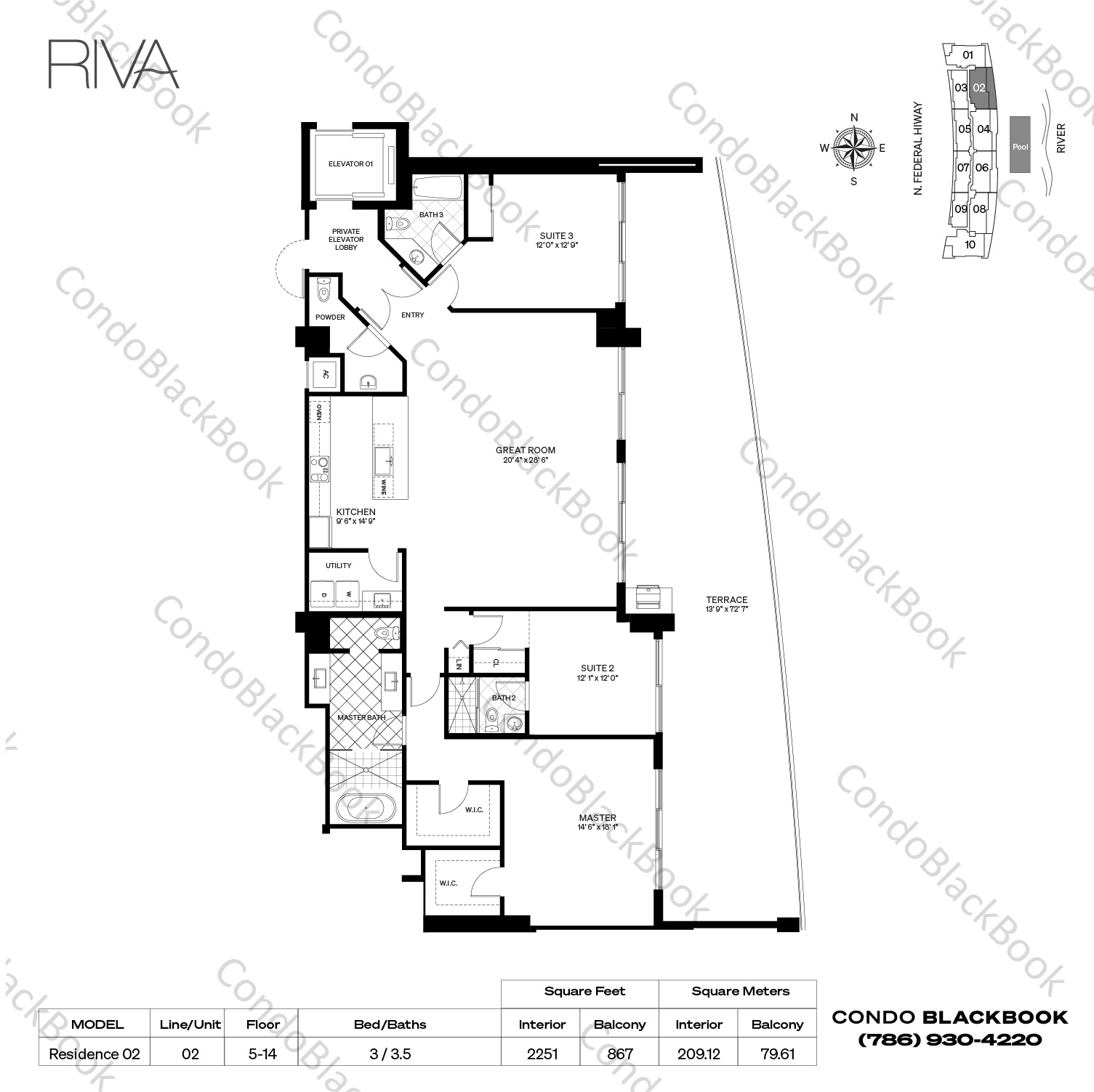 Floor plan for Riva Fort Lauderdale Fort Lauderdale, model Residence 02, line 02, 3 / 3.5 bedrooms, 2251 sq ft