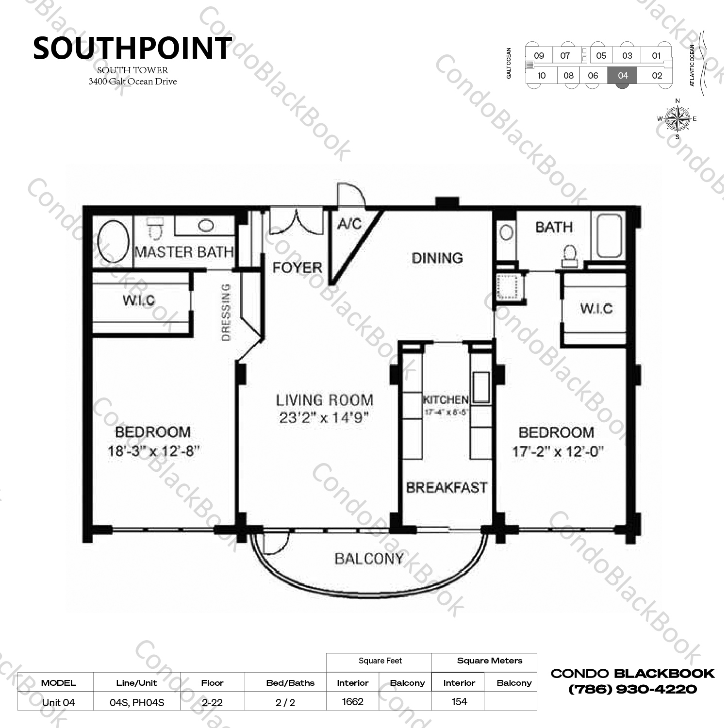 Floor plan for Southpoint Towers Fort Lauderdale, model Unit 03, line 03S, PH03S, 2 / 2 bedrooms, 1662 sq ft