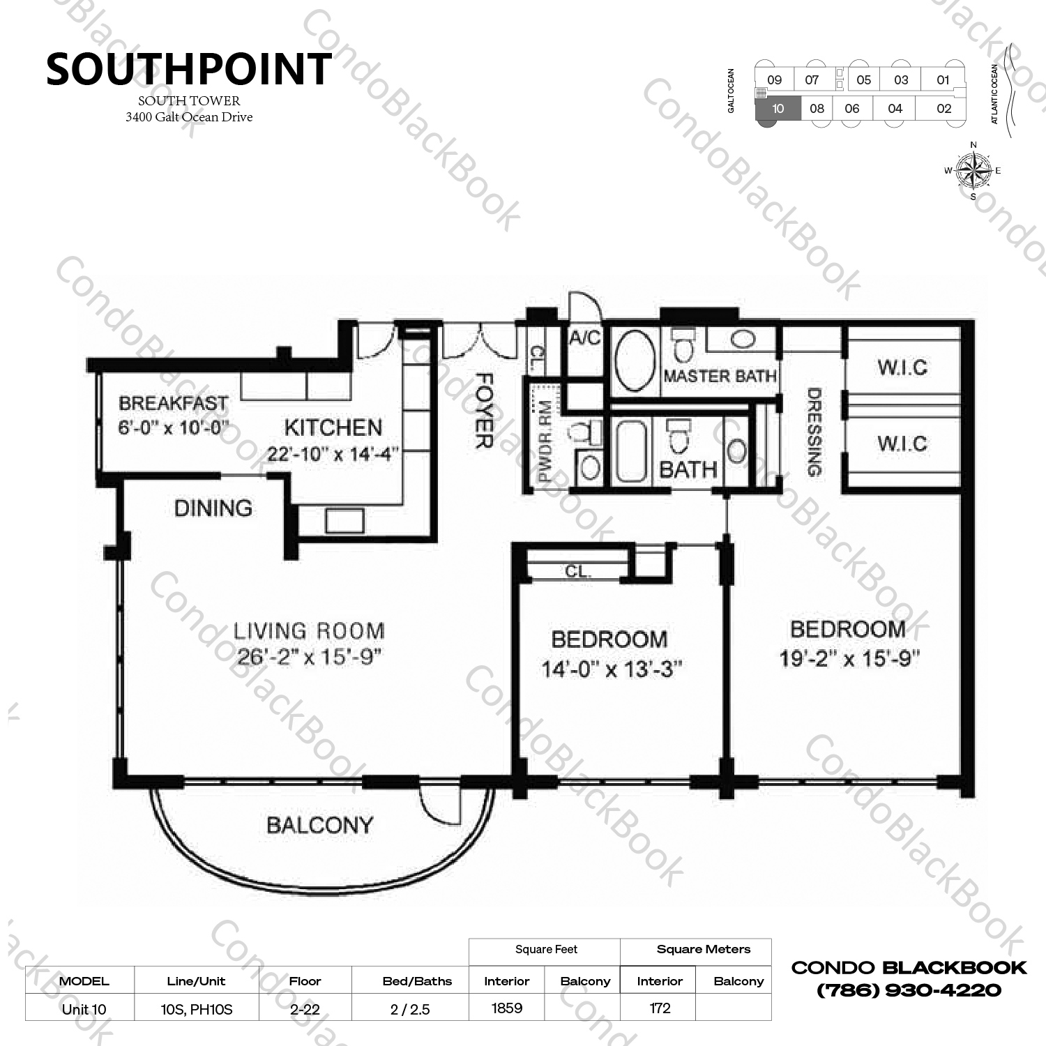 Floor plan for Southpoint Towers Fort Lauderdale, model Unit 10, line 10S, PH10S, 2 / 2.5 bedrooms, 1859 sq ft