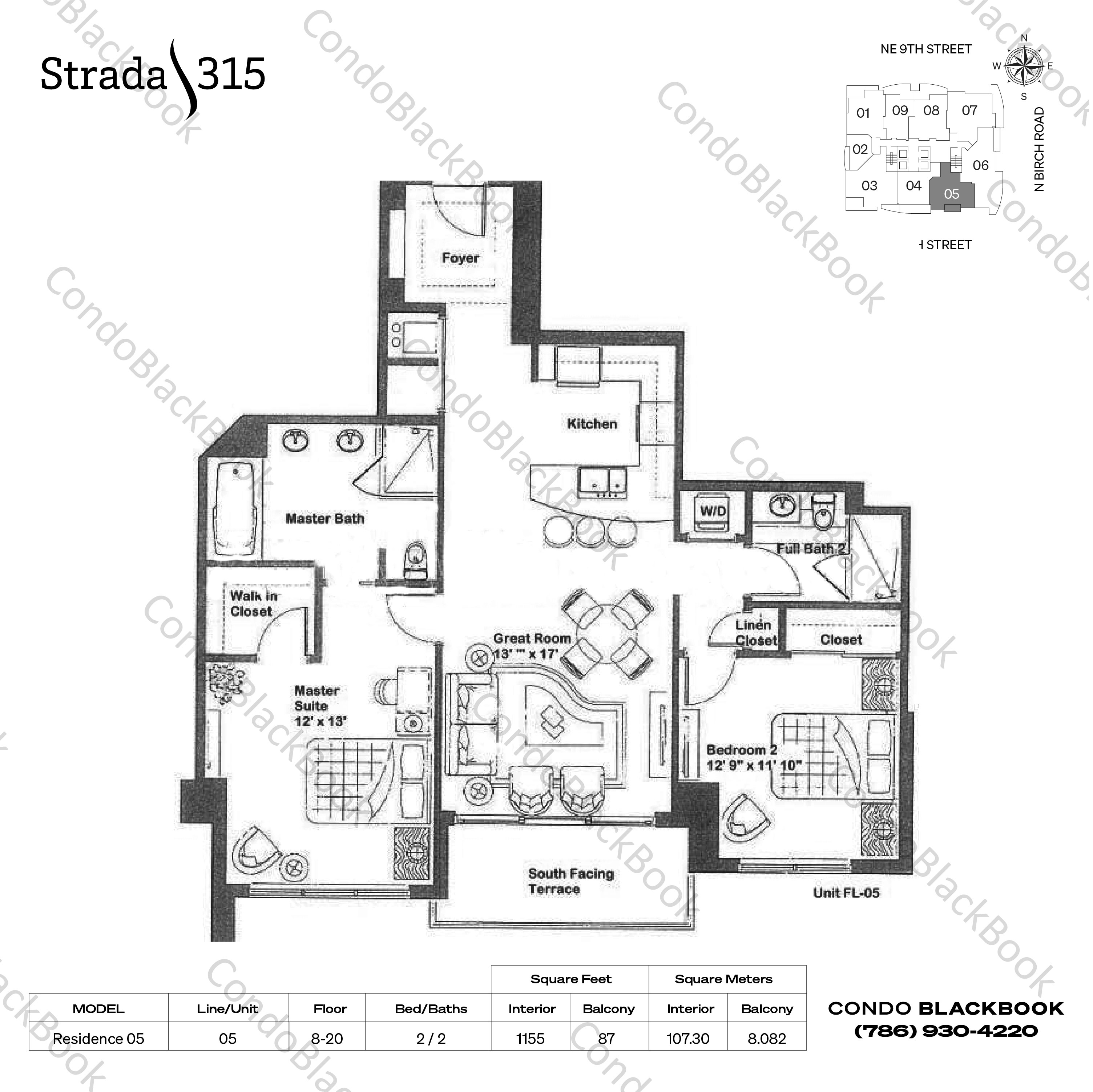 Floor plan for Strada 315 Fort Lauderdale, model Residence 05, line 05, 2 / 2 bedrooms, 1155 sq ft