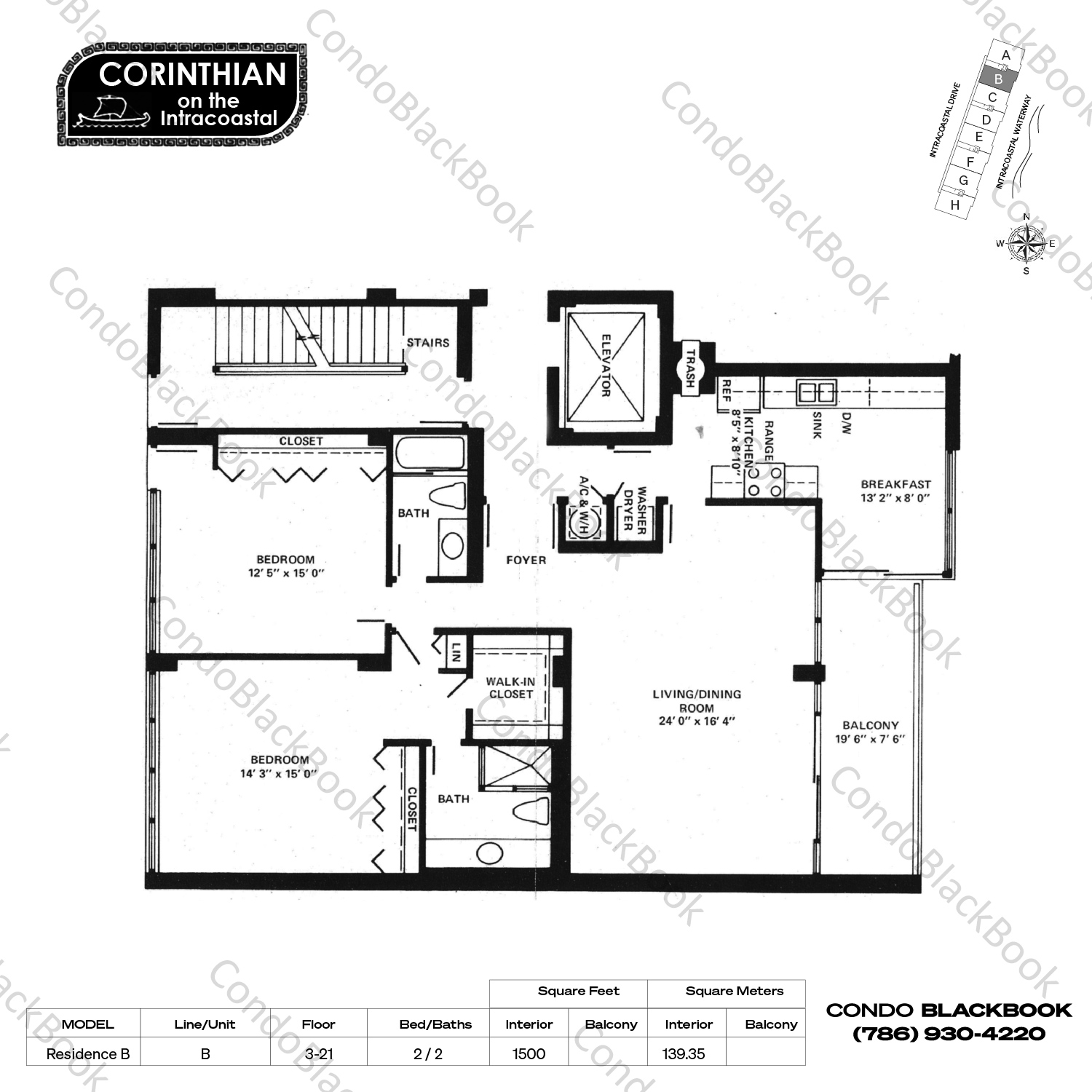 Floor plan for The Corinthian Fort Lauderdale, model Residence B, line B, 2 / 2 bedrooms, 1500 sq ft