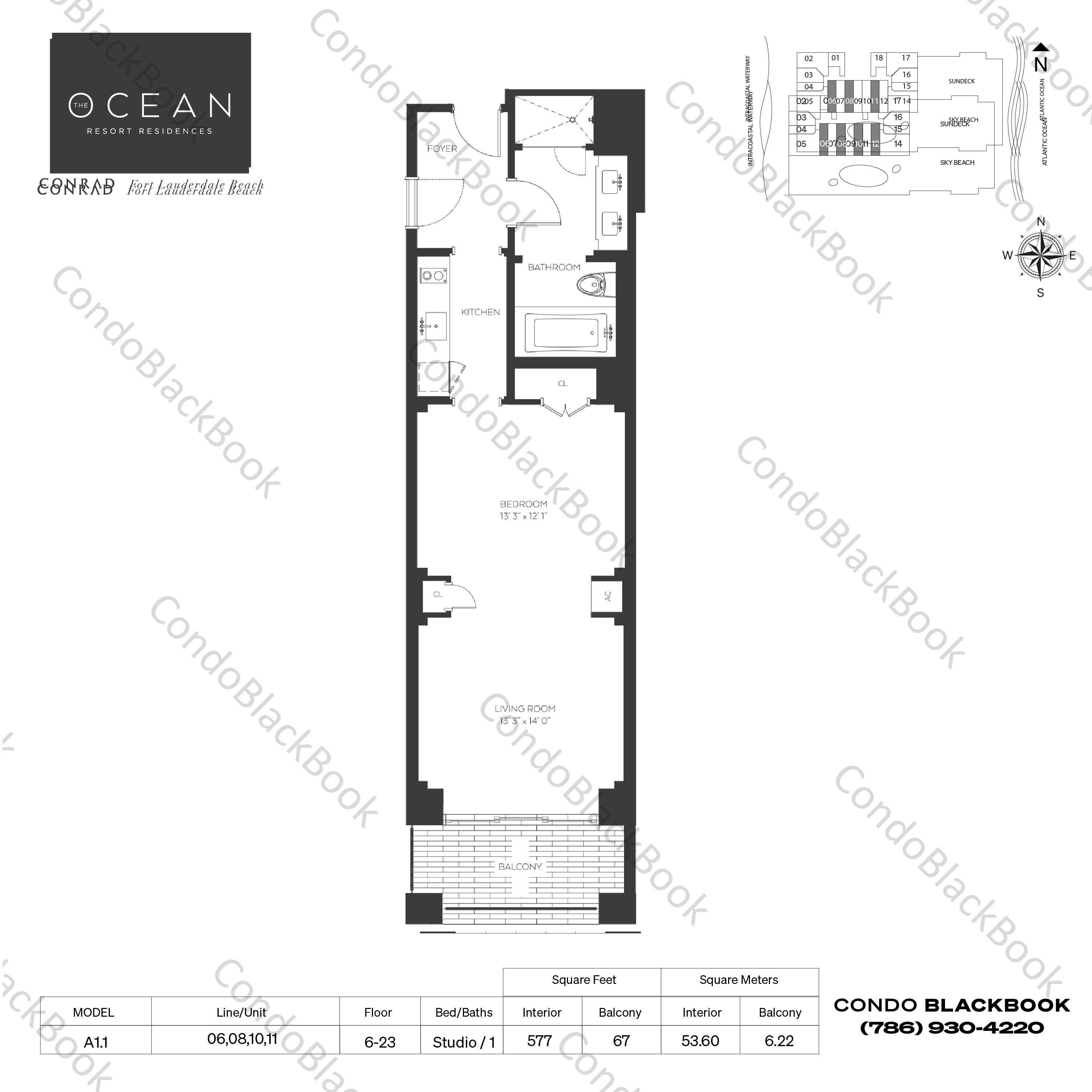 Floor plan for The Ocean Resort Residences (Conrad) Fort Lauderdale, model A1.1, line 06,08,10,11, Studio / 1 bedrooms, 577 sq ft